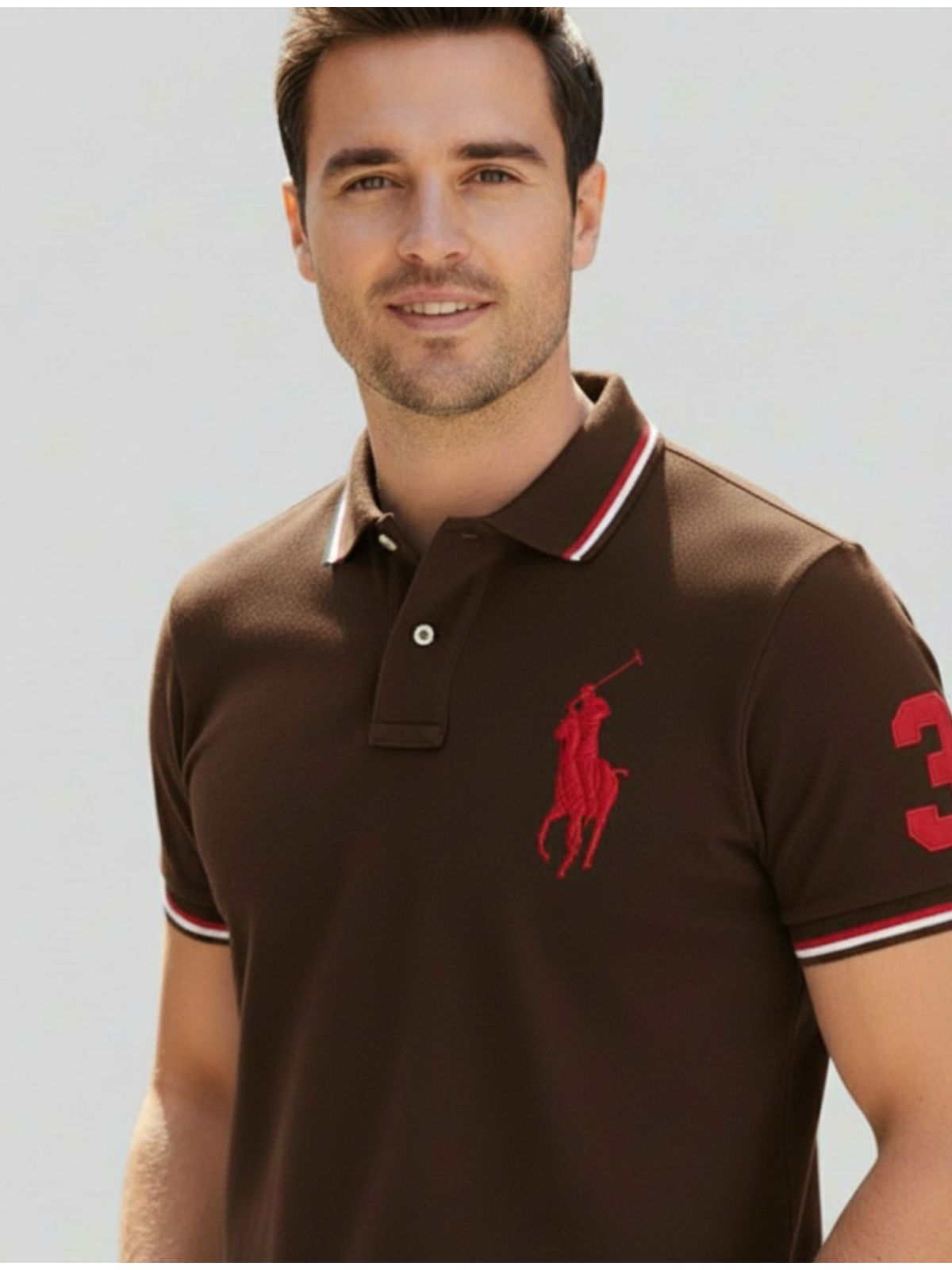 Polo Rauph Lauren Gola - Numeral no Braço - Café - SP GRIFES - Camisetas Importadas no Atacado