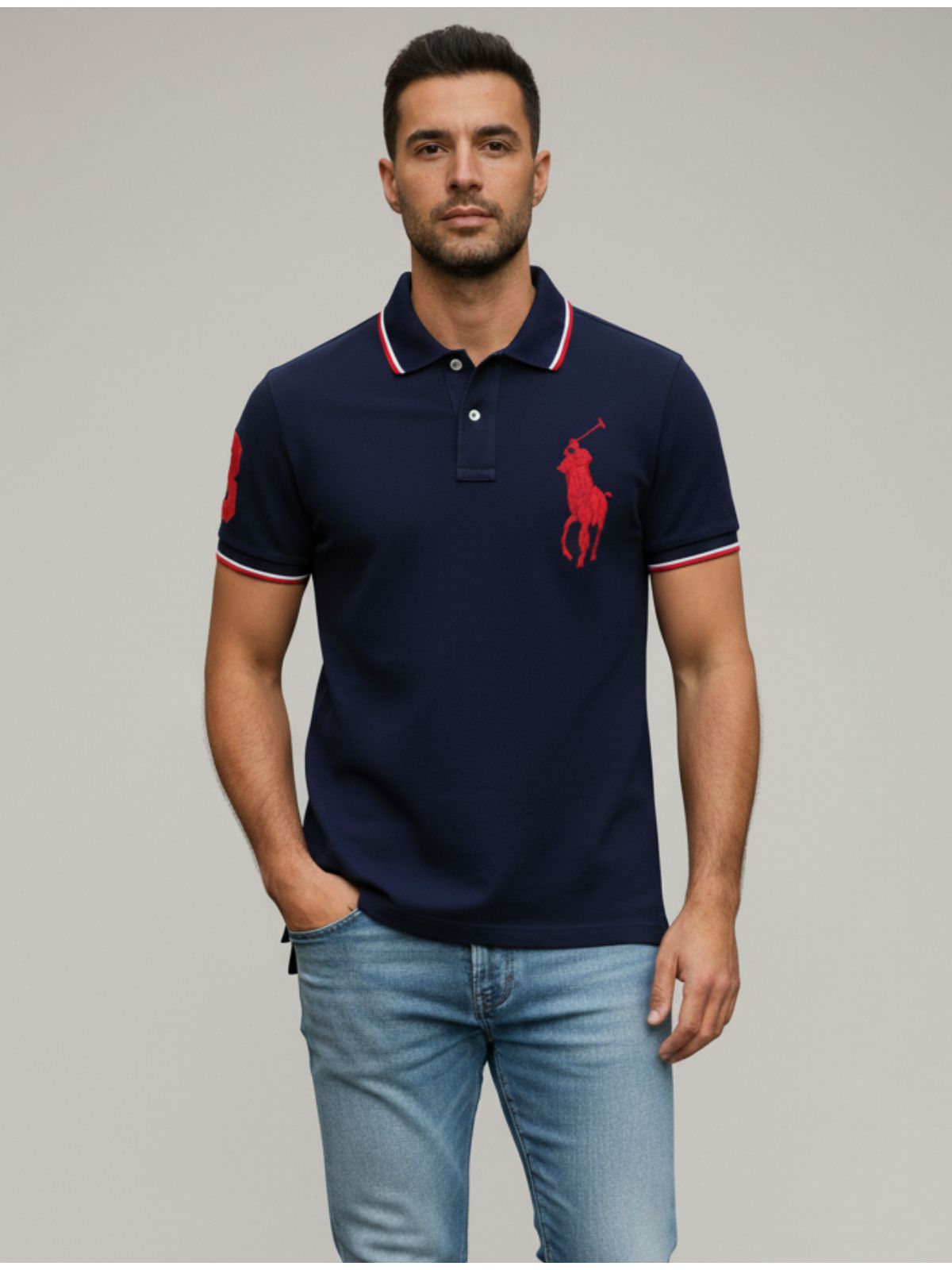 Polo Rauph Lauren Gola - Numeral no Braço - Marinh... - SP GRIFES - Camisetas Importadas no Atacado