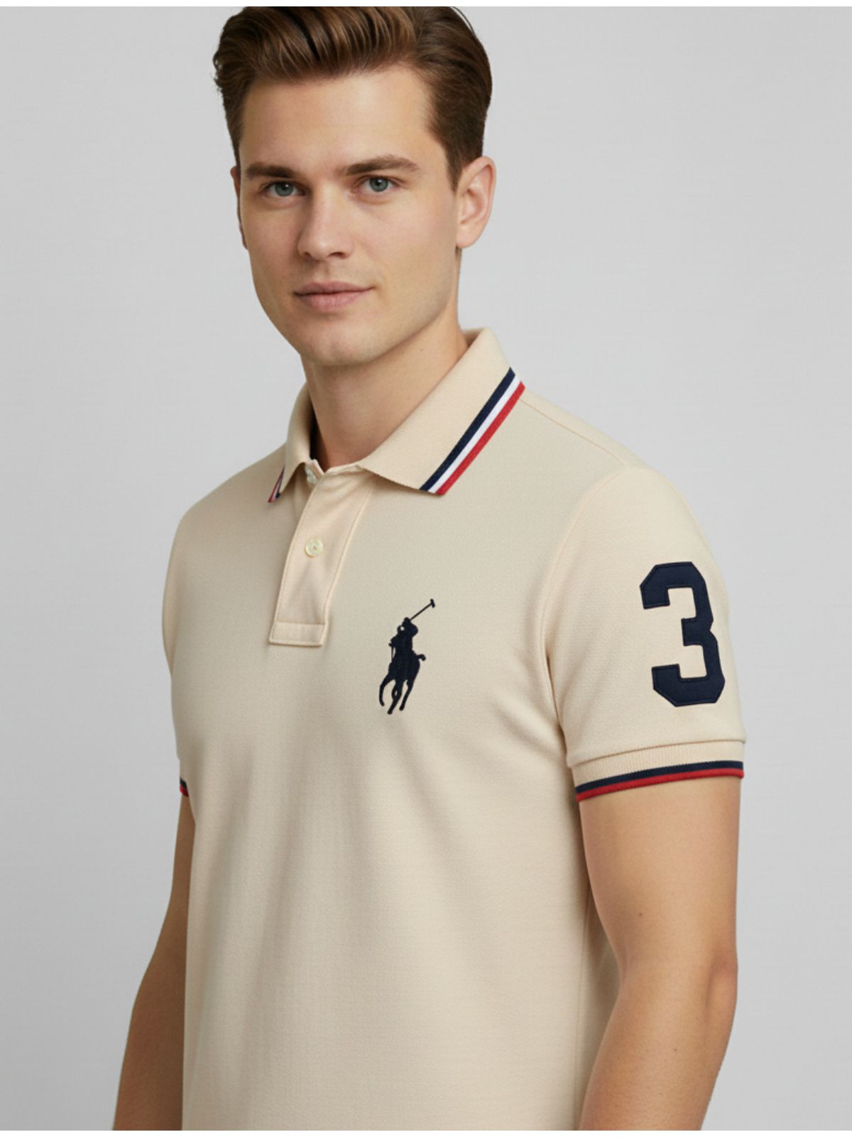 Polo Rauph Lauren Gola - Numeral no Braço - Bege - SP GRIFES - Camisetas Importadas no Atacado