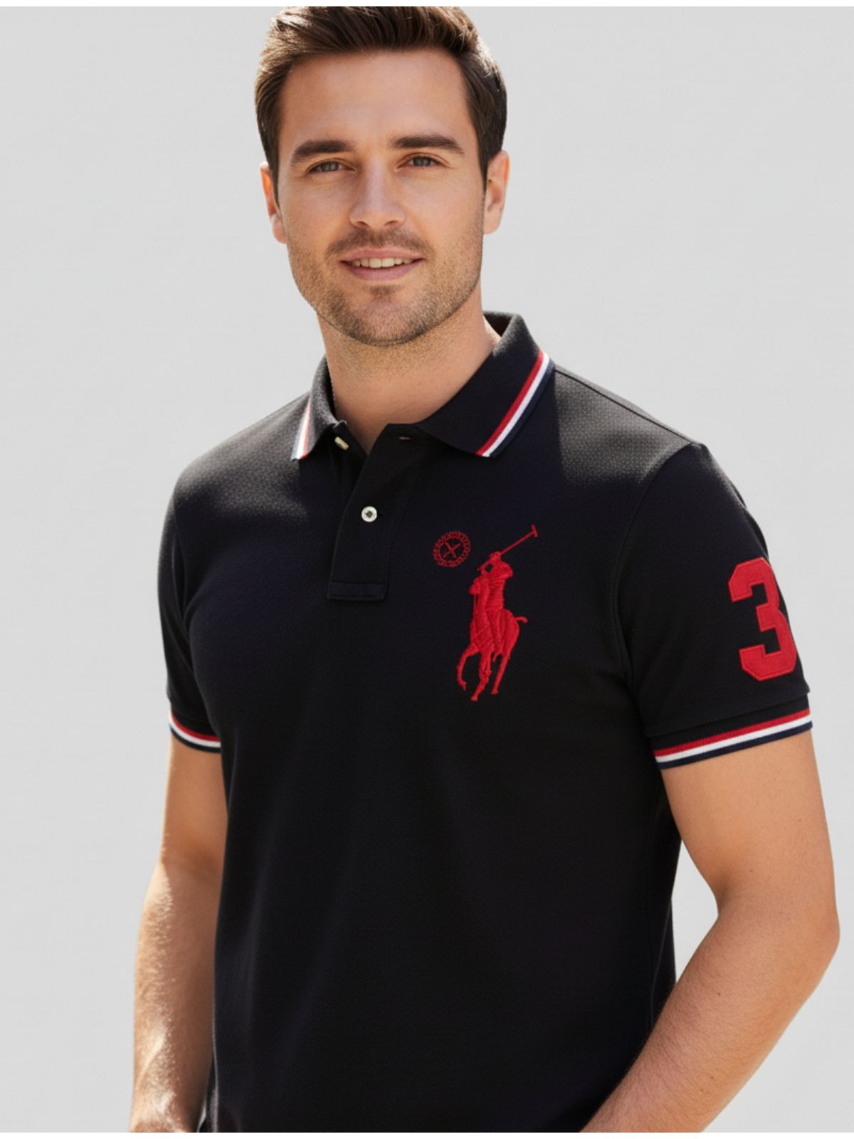 Polo Rauph Lauren Gola - Numeral no Braço - Preta - SP GRIFES - Camisetas Importadas no Atacado
