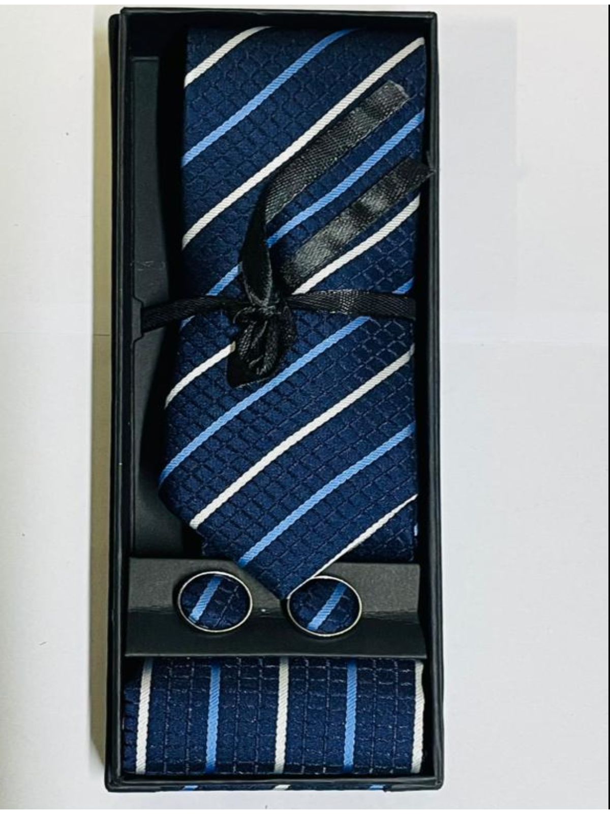 Caixa com Gravata - azul listrada - SP GRIFES - Camisetas Importadas no Atacado