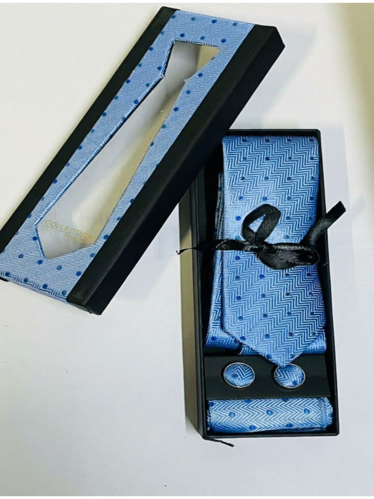 Caixa com Gravata - azul com bolinhas - SP GRIFES - Camisetas Importadas no Atacado