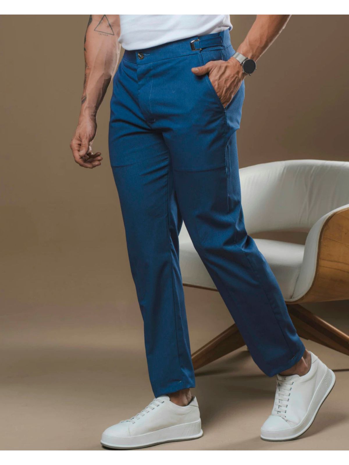 Calça Alfaiataria Slim C/ Regulagem Azul Médio OX1... - Teselli