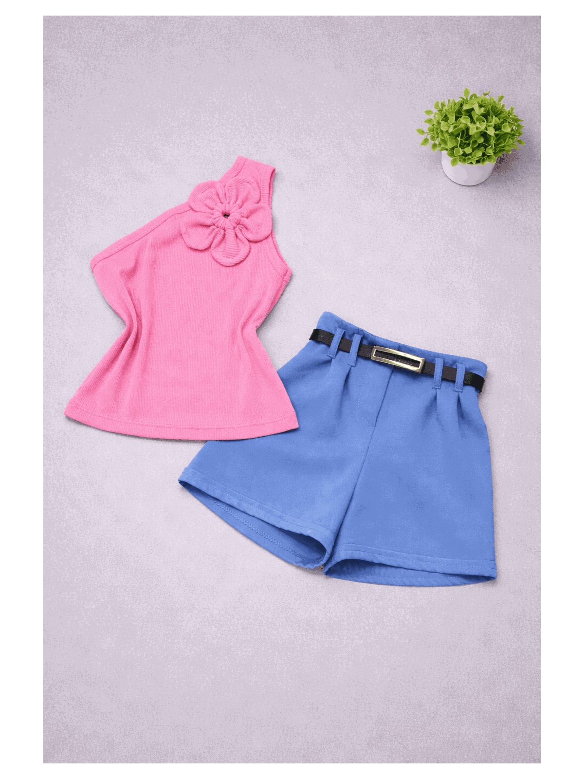 Conjunto Blusa Flor Rosa + Short Azul Bela - Isa Cintra Moda Infantil