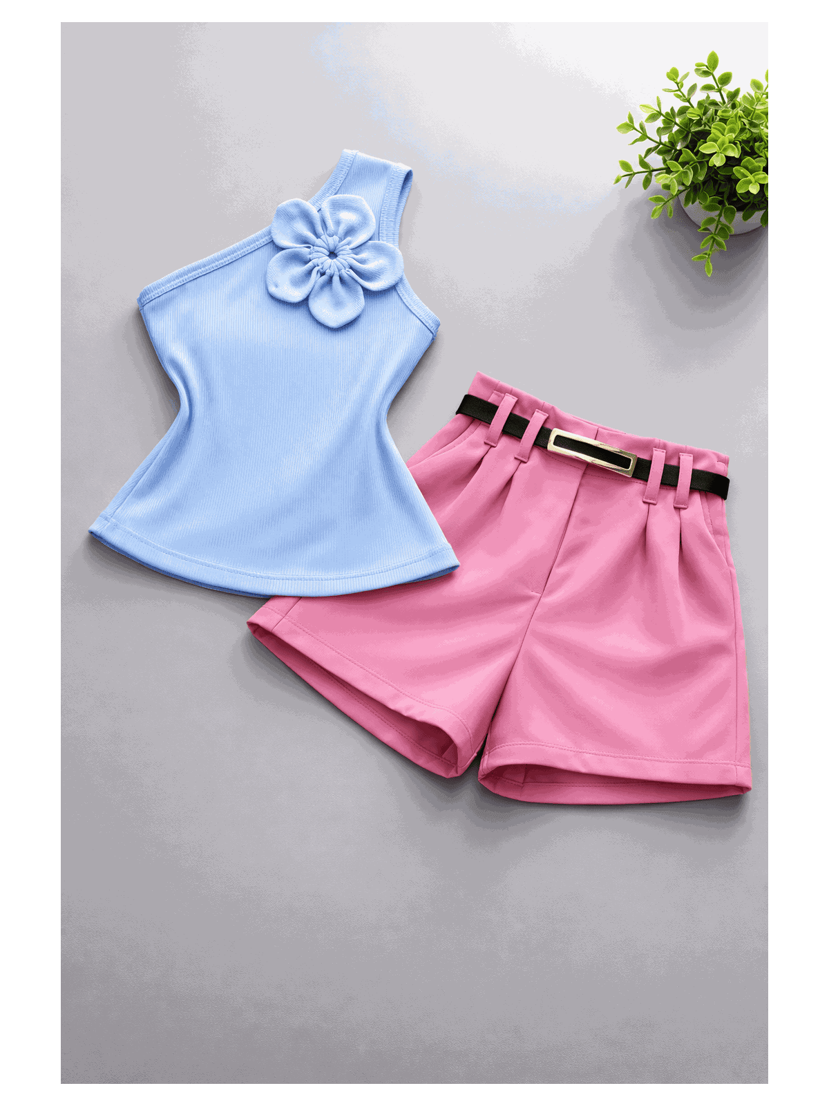 Conjunto Blusa Flor Azul+ Short Rosa Bela - Isa Cintra Moda Infantil