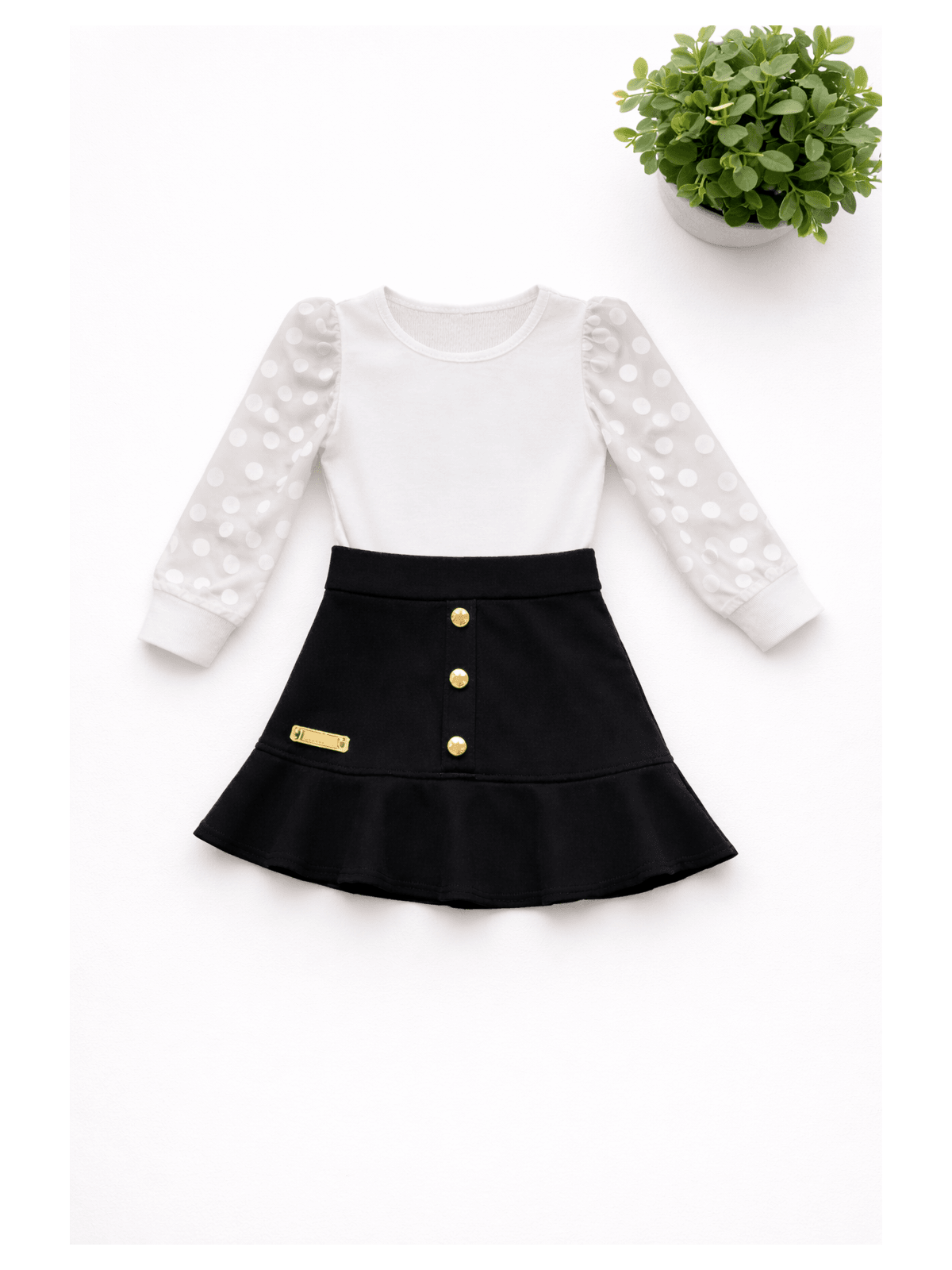Conjunto Blusa Bufante Longa Branca + Saia Suede P... - Isa Cintra Moda Infantil