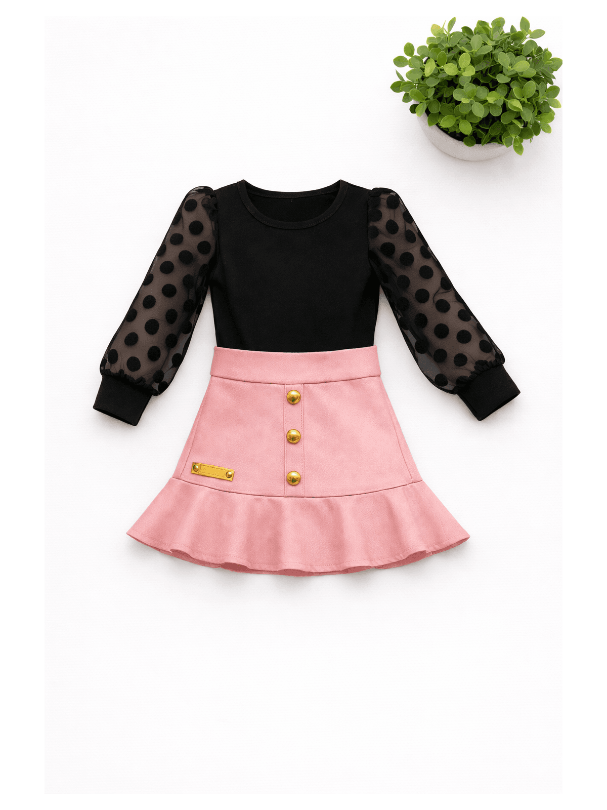 Conjunto Blusa Bufante Longa Preto + Saia Suede Ro... - Isa Cintra Moda Infantil