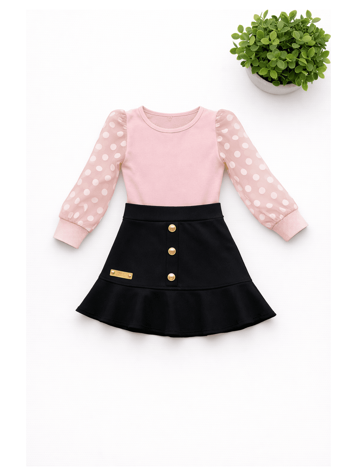 Conjunto Blusa Bufante Longa Rosa + Saia Suede pre... - Isa Cintra Moda Infantil