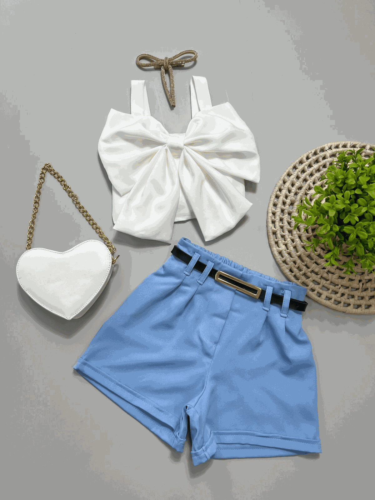 Conjunto Cropped Laço + Short Azul - Isa Cintra Moda Infantil