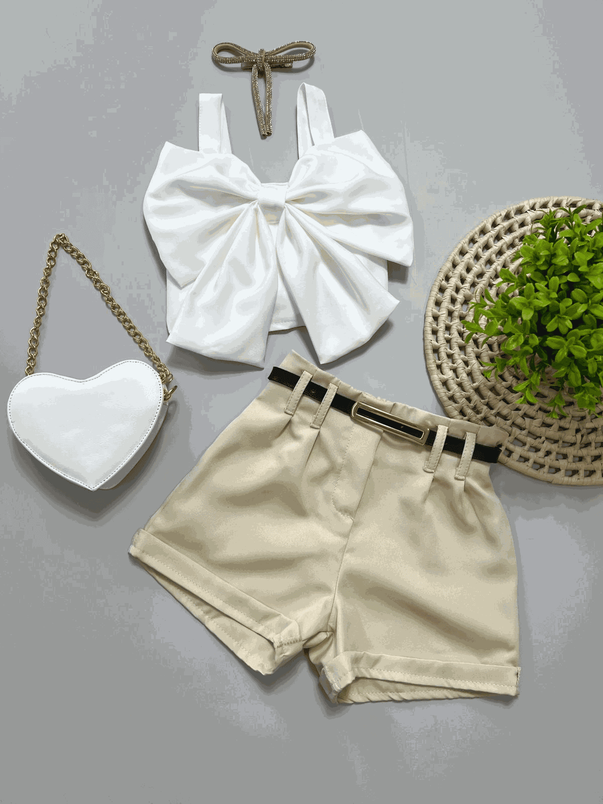 Conjunto Cropped Laço + Short Bege - Isa Cintra Moda Infantil