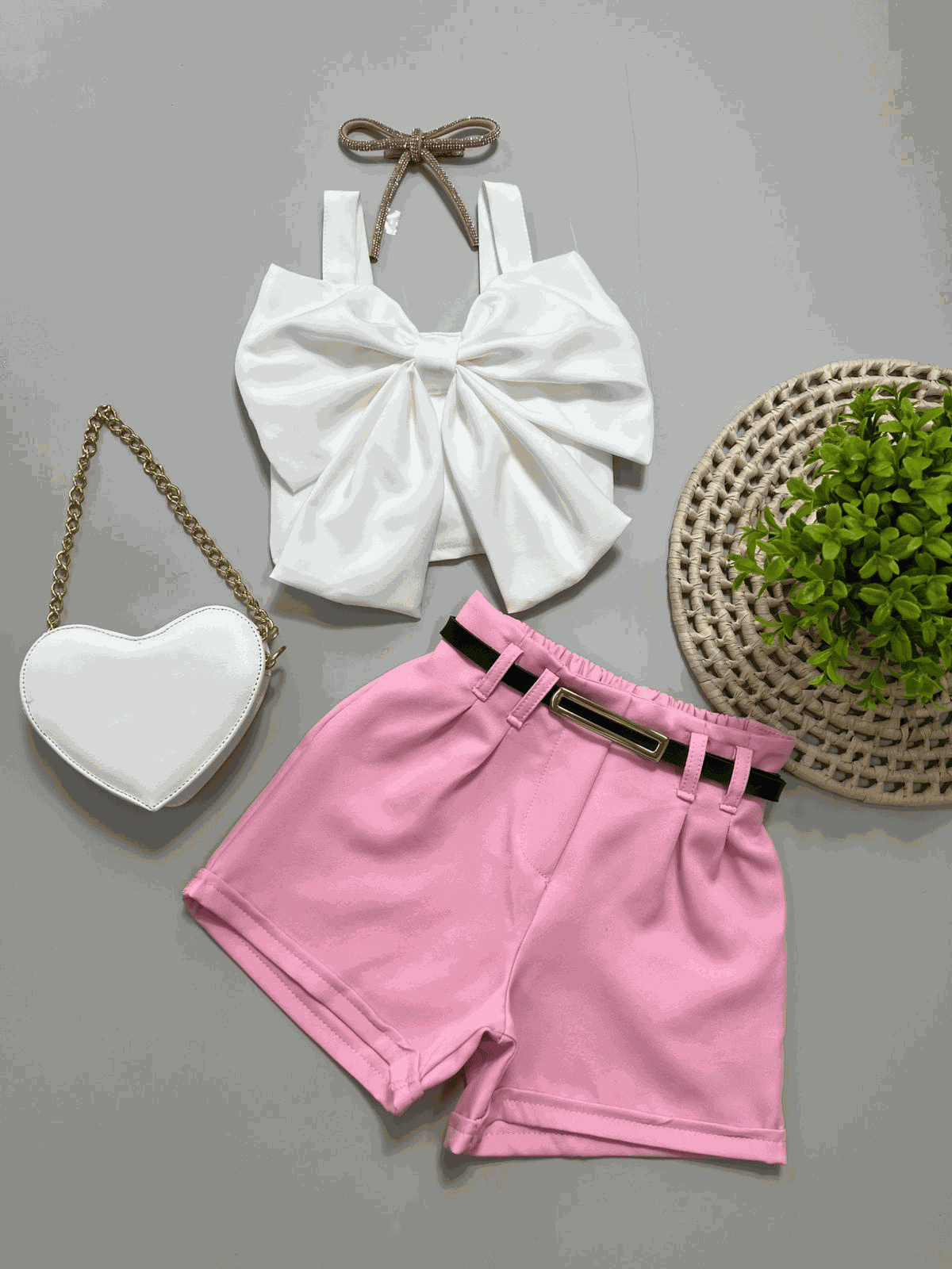 Conjunto Cropped Laço + Short Rosa - Isa Cintra Moda Infantil