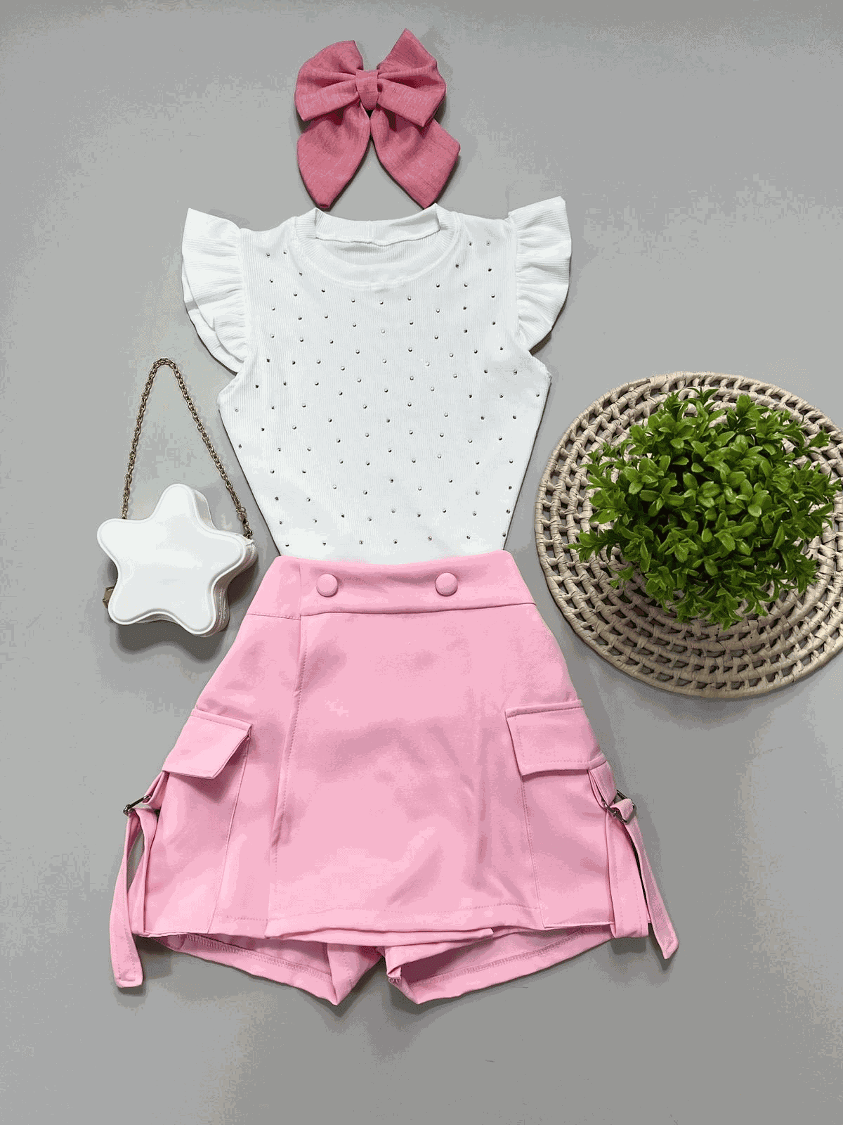 Conjunto Blusa Brilho Branco + Short Saia Cargo Ro... - Isa Cintra Moda Infantil