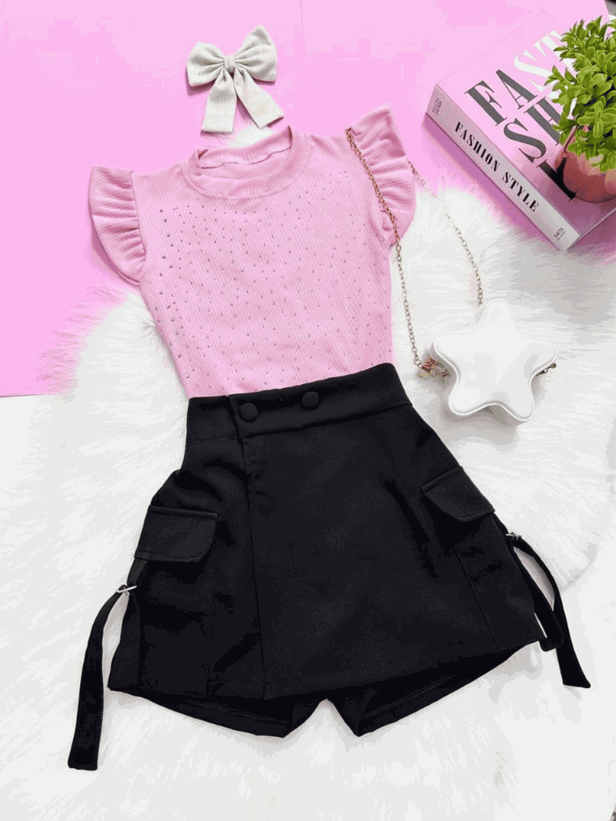 Conjunto Blusa Brilho Rosa + Short Saia Cargo Pret... - Isa Cintra Moda Infantil