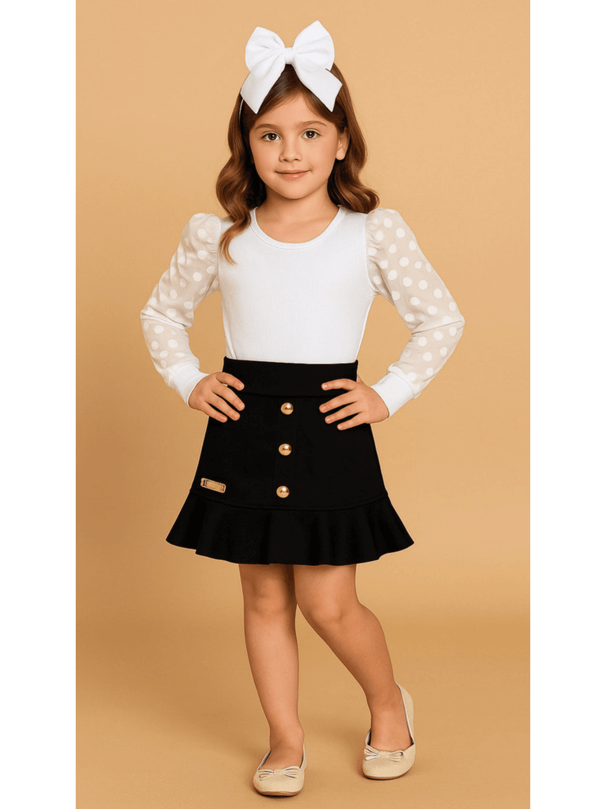 Conjunto Blusa Bufante Longa Branca + Saia Suede P... - Isa Cintra Moda Infantil