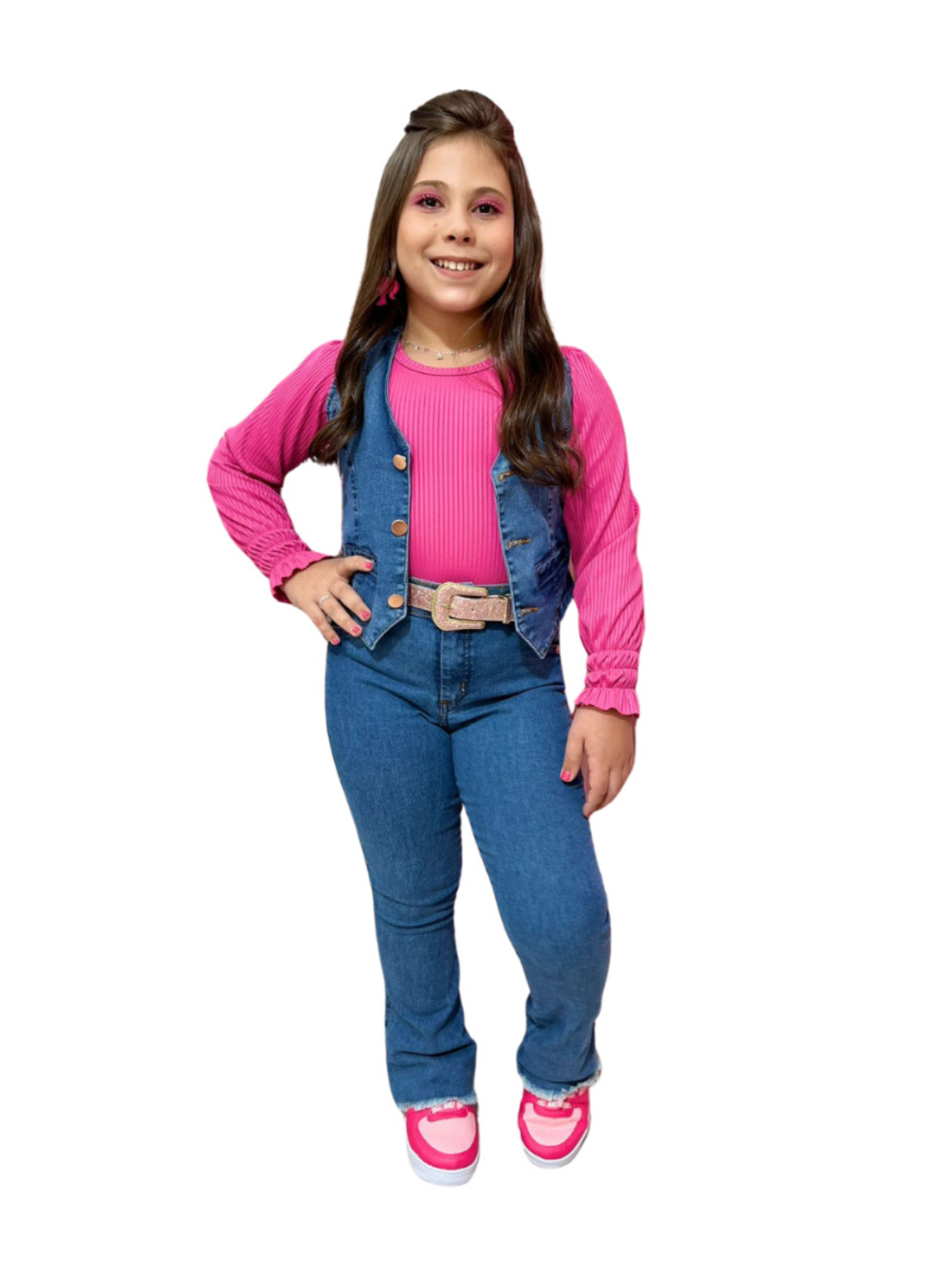 Conjunto 3 peças Blusa Lastex + colete + calça Fla... - Isa Cintra Moda Infantil