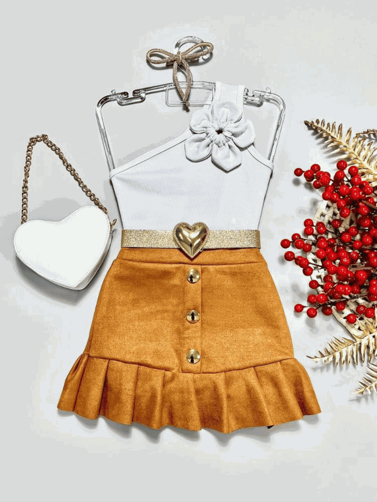 Conjunto Blusa Flor Branca + Saia Suede Júlia - Isa Cintra Moda Infantil