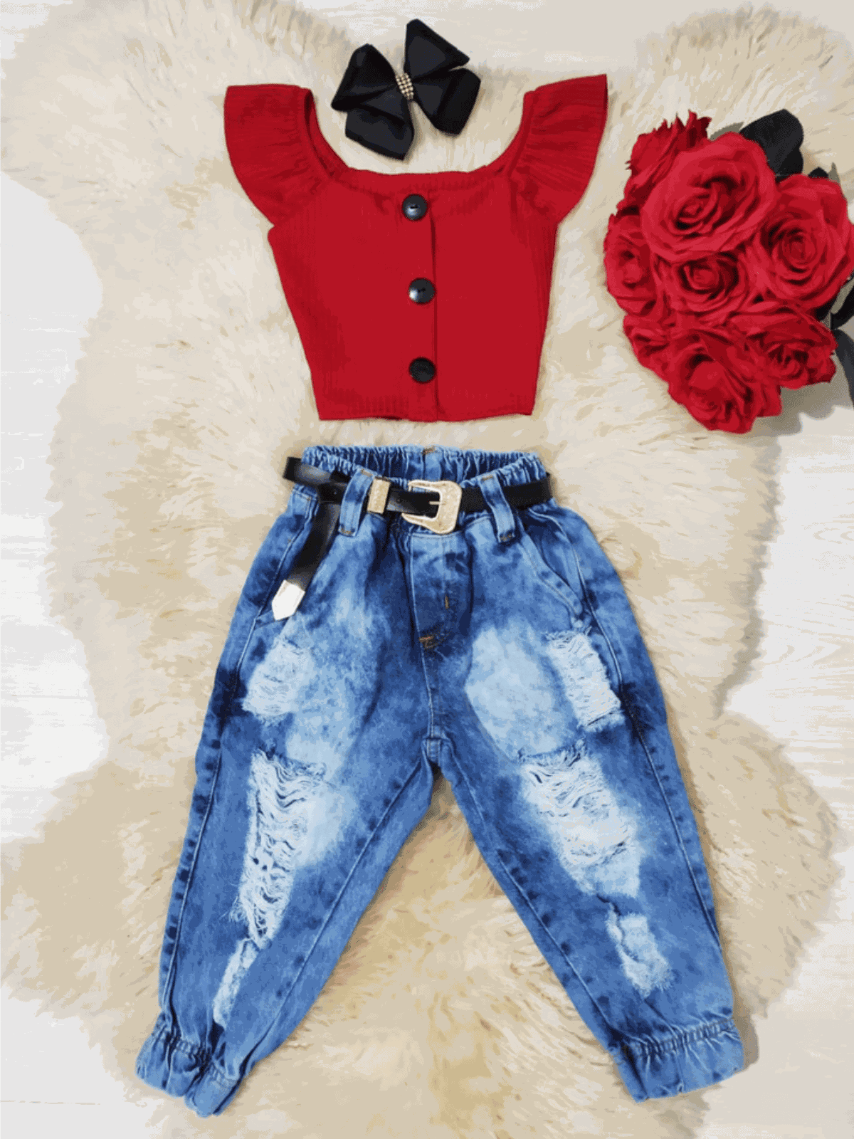Conjunto Cropped Botões + Calça Jogger Jeans Liz - Isa Cintra Moda Infantil