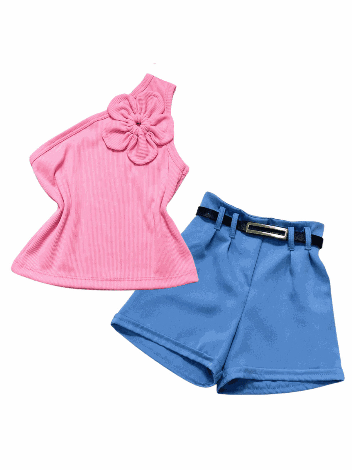 Conjunto Blusa Flor Rosa + Short Azul Bela - Isa Cintra Moda Infantil