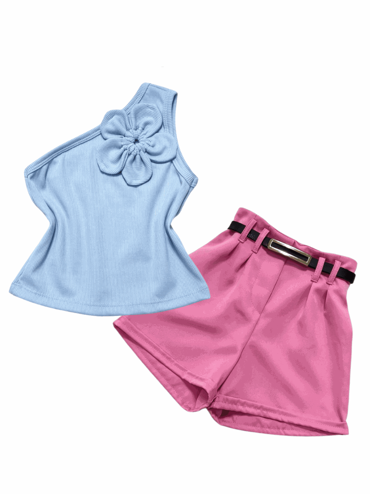 Conjunto Blusa Flor Azul+ Short Rosa Bela - Isa Cintra Moda Infantil