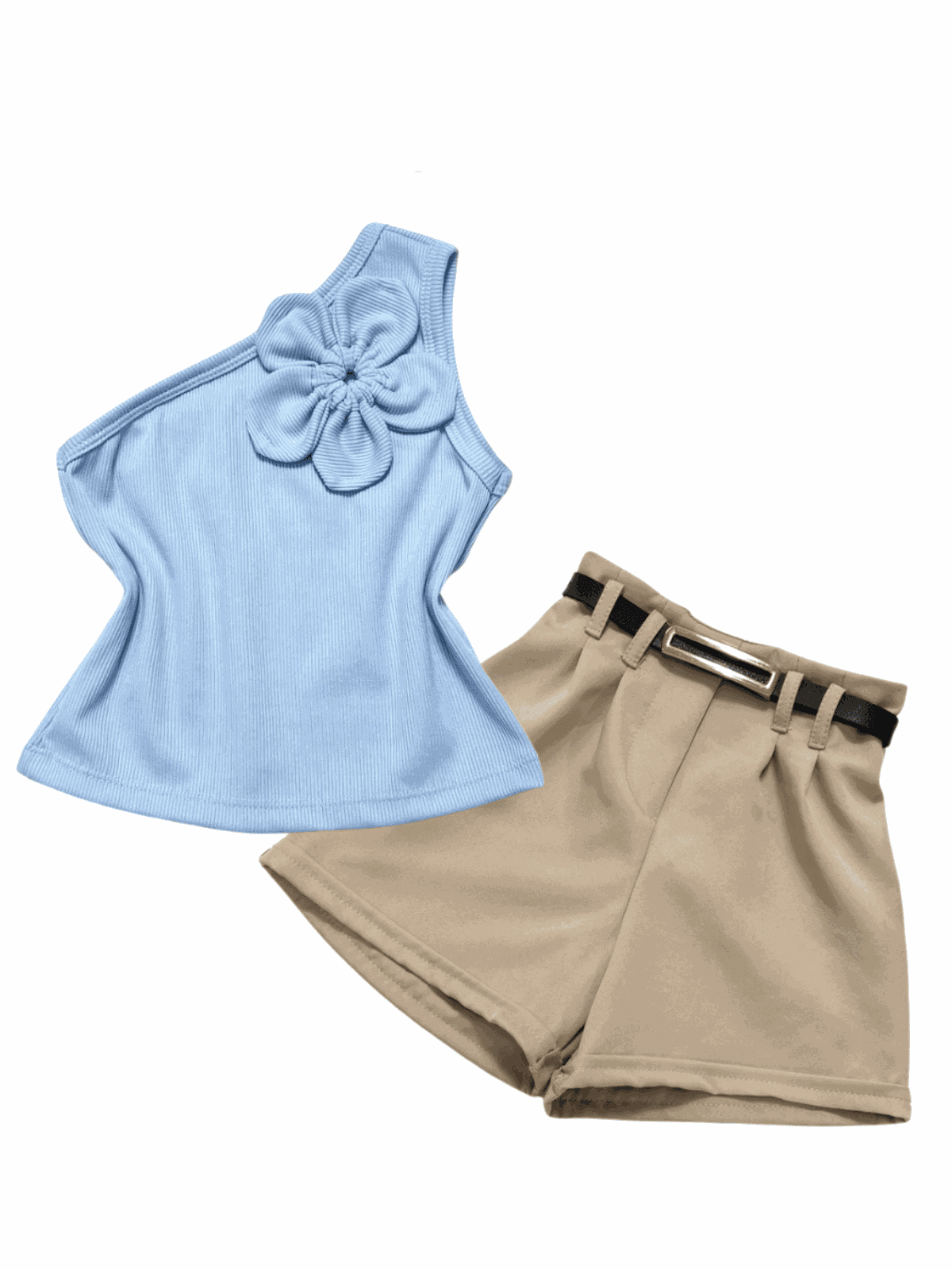 Conjunto Blusa Flor Azul+ Short Bege Bela - Isa Cintra Moda Infantil
