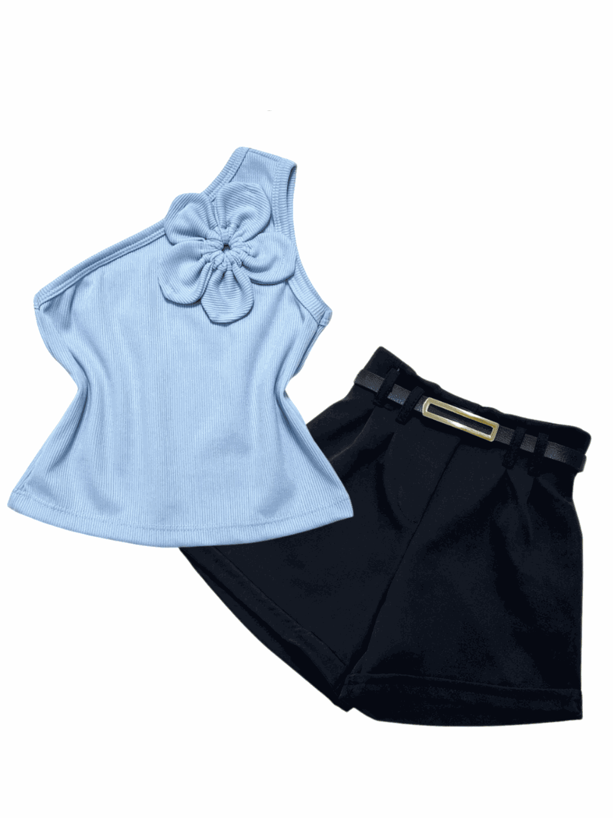 Conjunto Blusa Flor Azul+ Short Preto Bela - Isa Cintra Moda Infantil