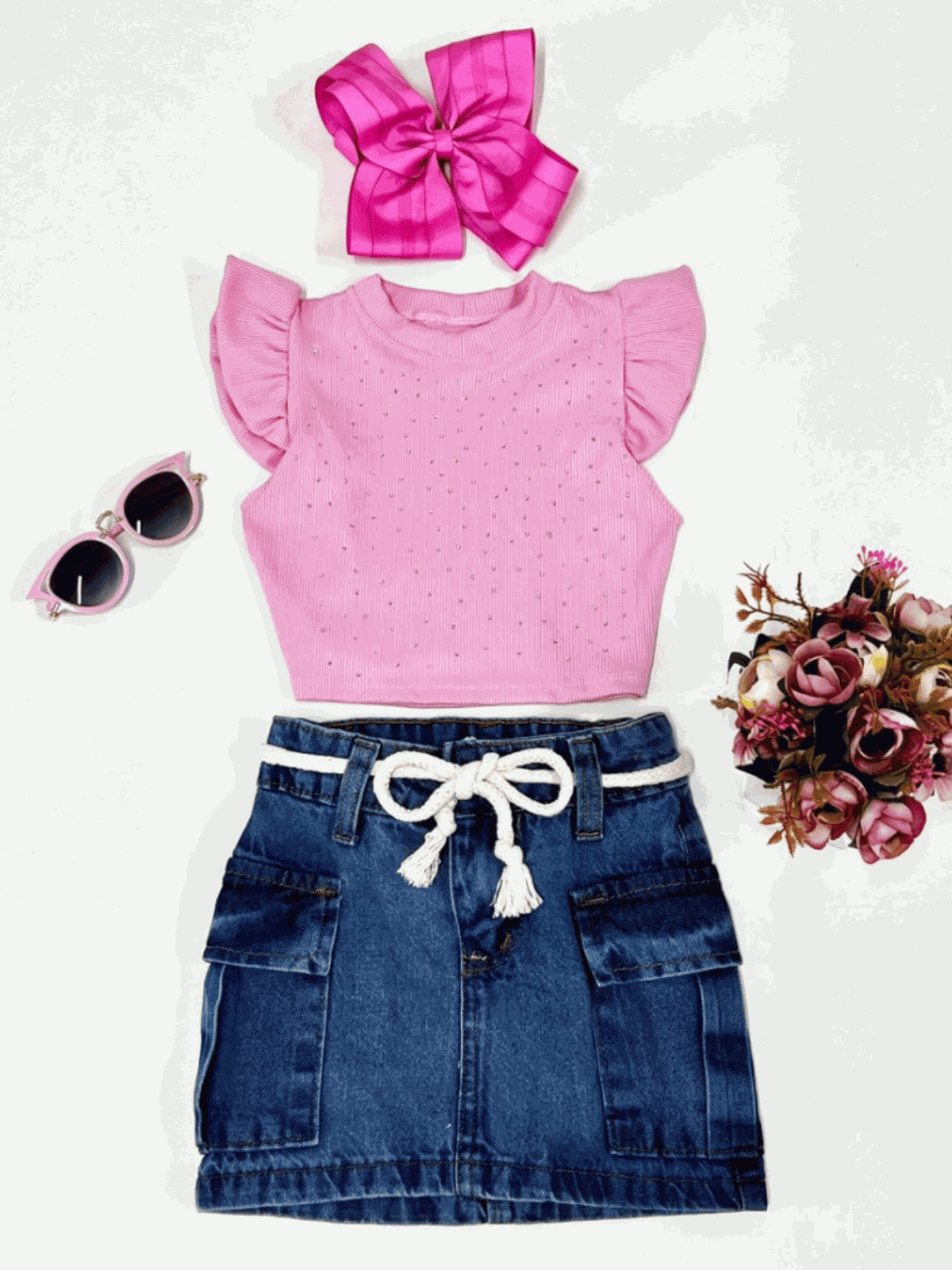 Conjunto Blusa Brilho+ Saia Cargo Jeans Alice - Isa Cintra Moda Infantil