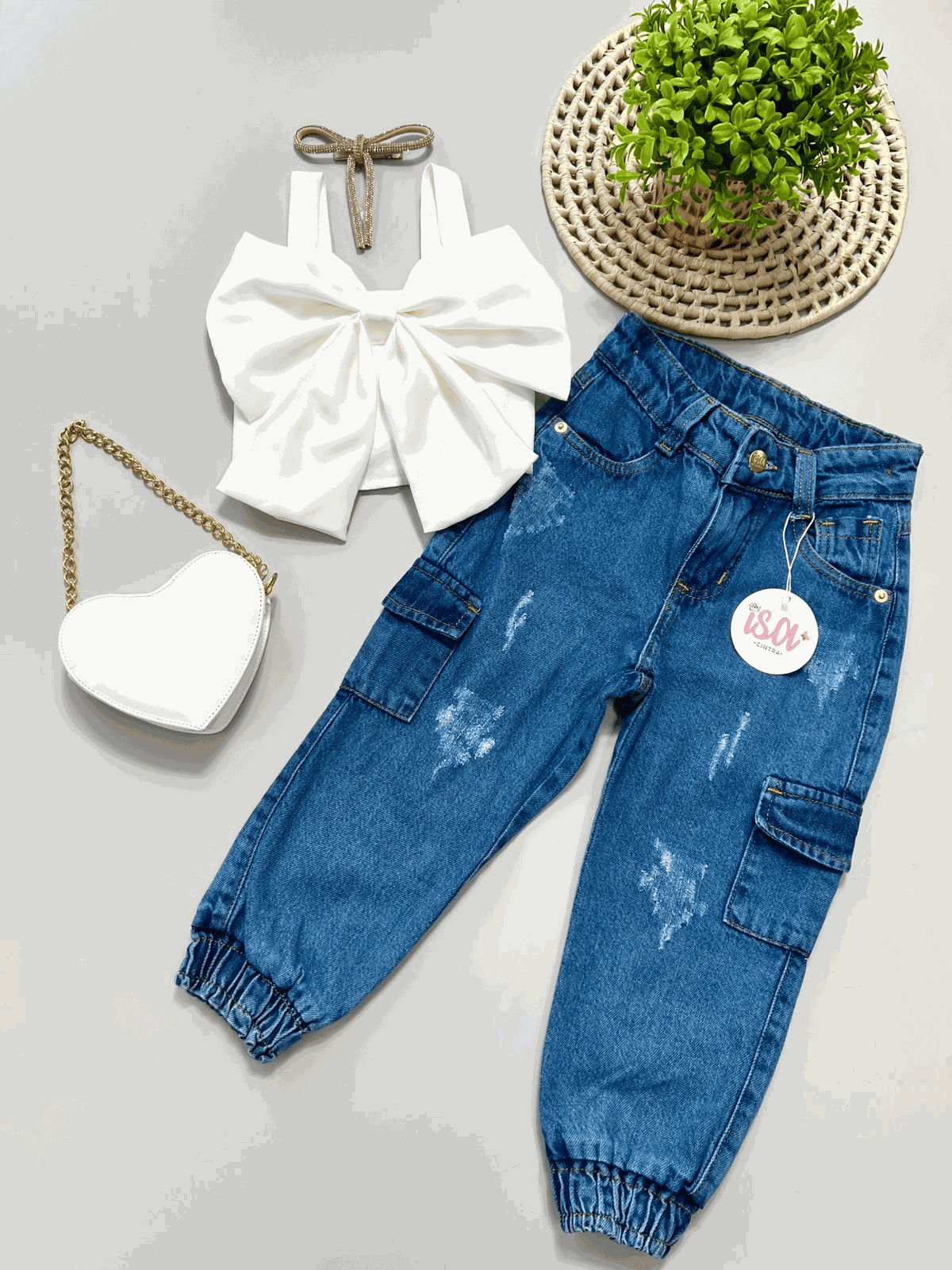 Conjunto Cropped Laço + Calça Jogger Jeans Cargo - Isa Cintra Moda Infantil