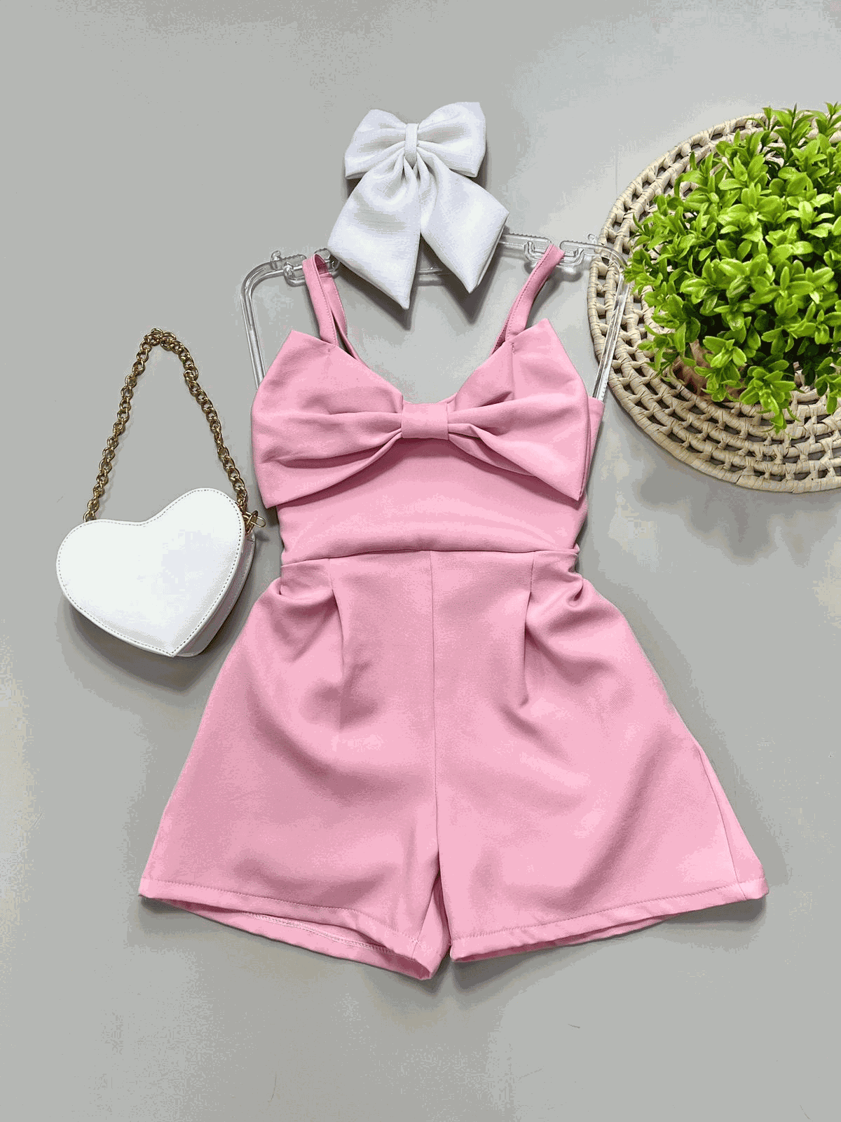 Macaquinho Alfaiataria Laço Rosa - Isa Cintra Moda Infantil