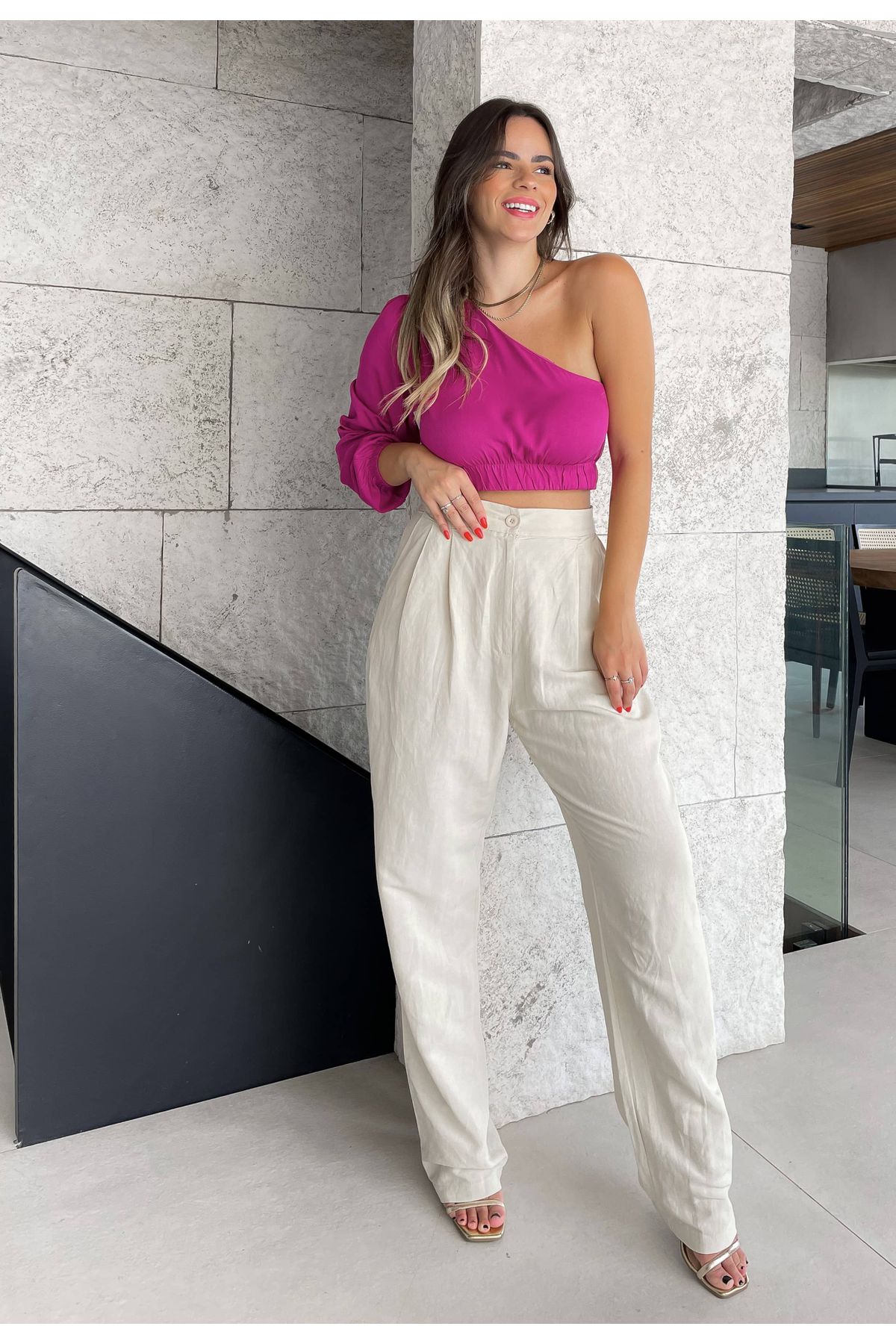 Blusa Georgia Ombro único manga comprida - Fucsia