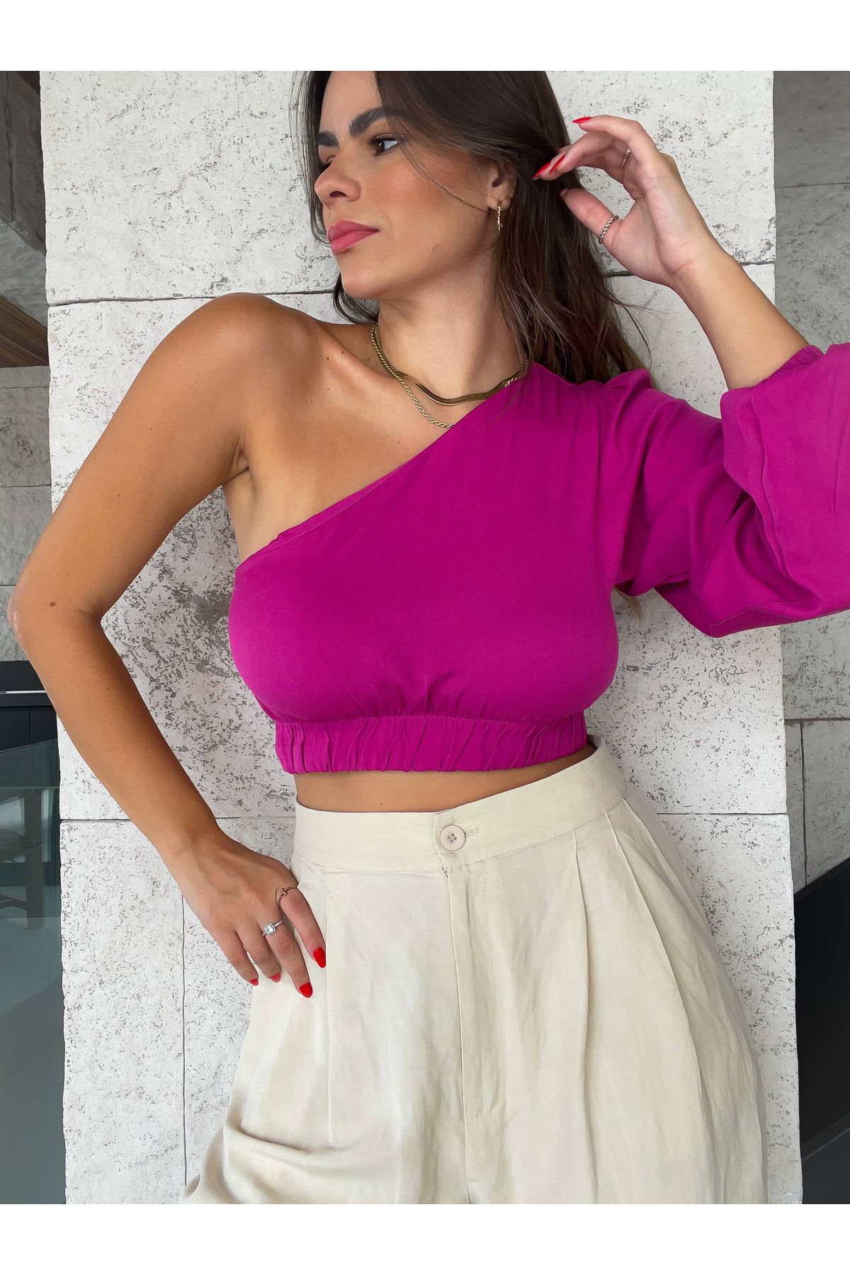Blusa Georgia Ombro único manga comprida - Fucsia