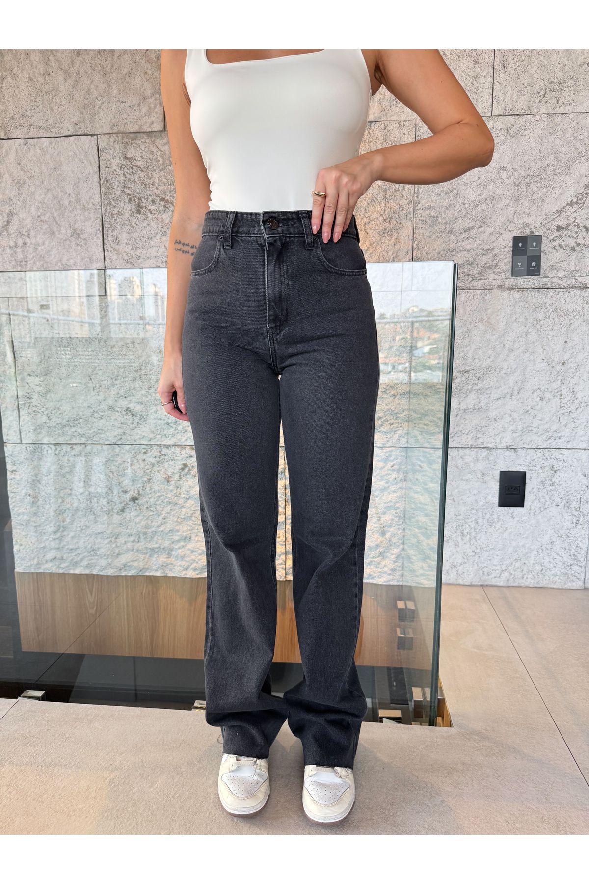 Calça Beca jeans Wide Leg cintura média - Black