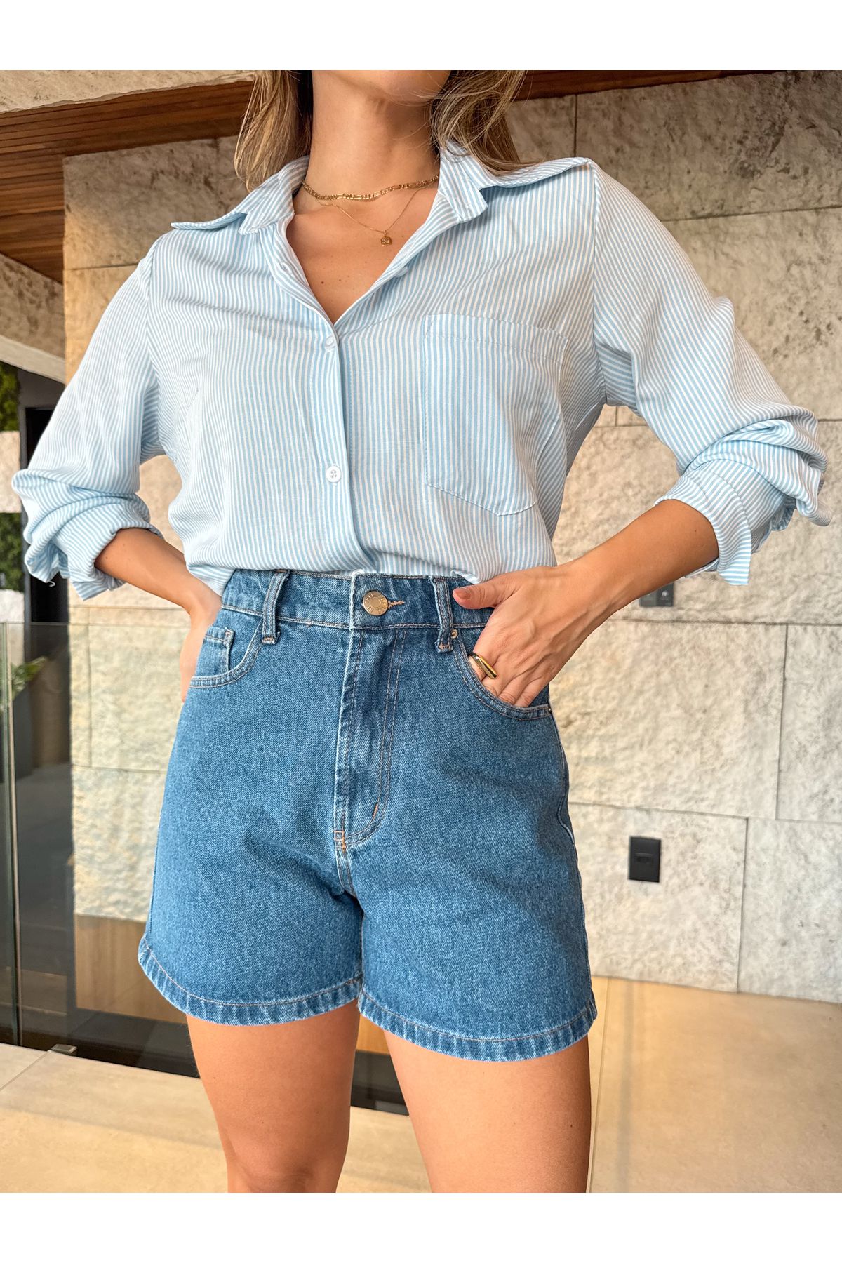 Short Fabia mom jeans - Lavagem média