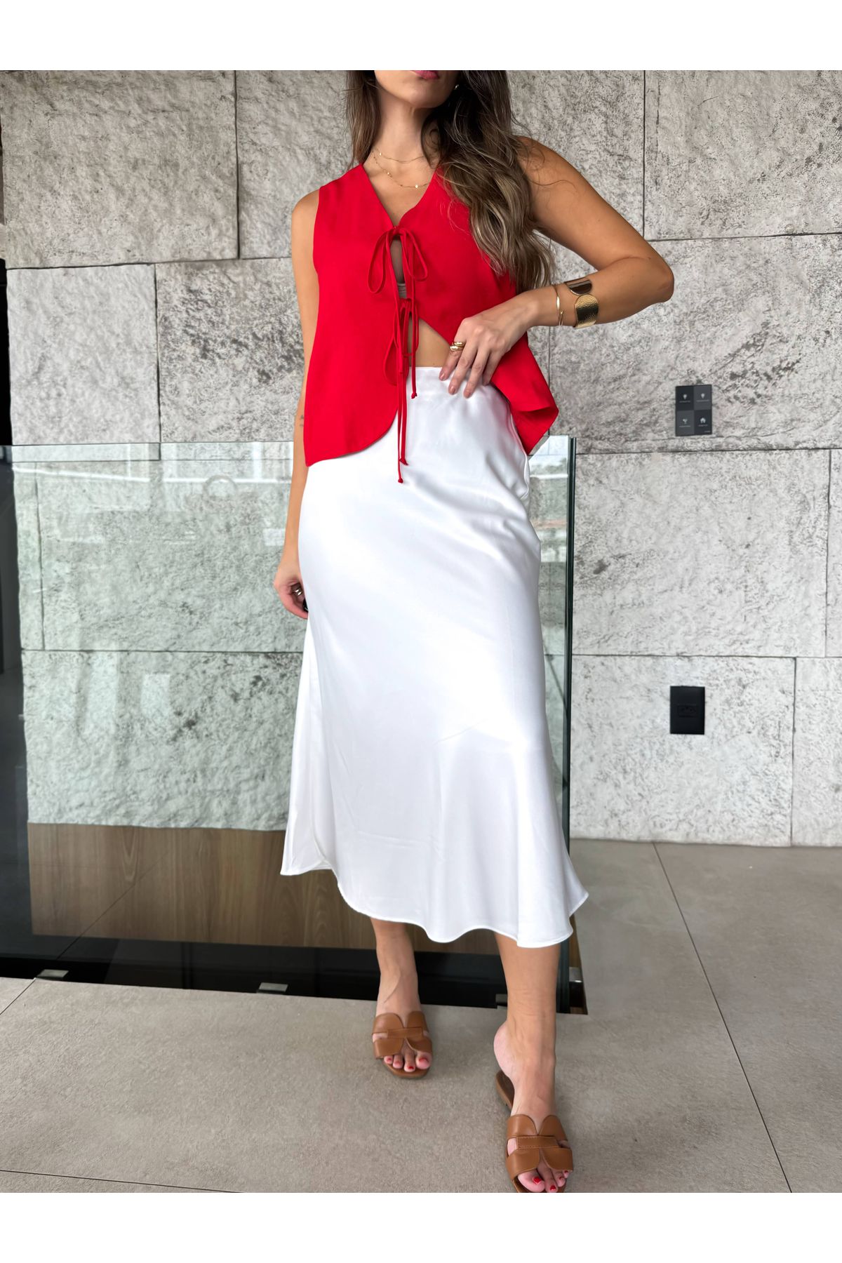 Saia Mayla acetinada midi - Branca