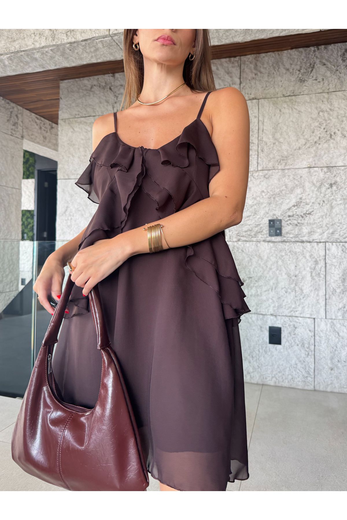 Vestido Lucy babados de alça - Marrom