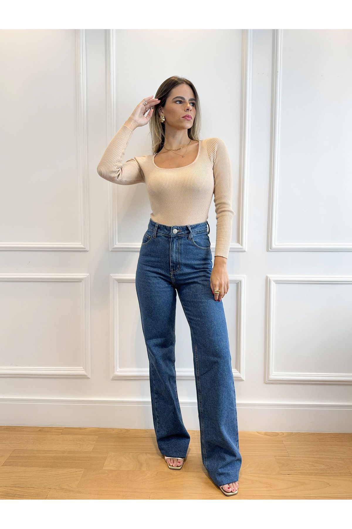 Calça Vih Wide Leg Cintura super alta - Jeans escuro