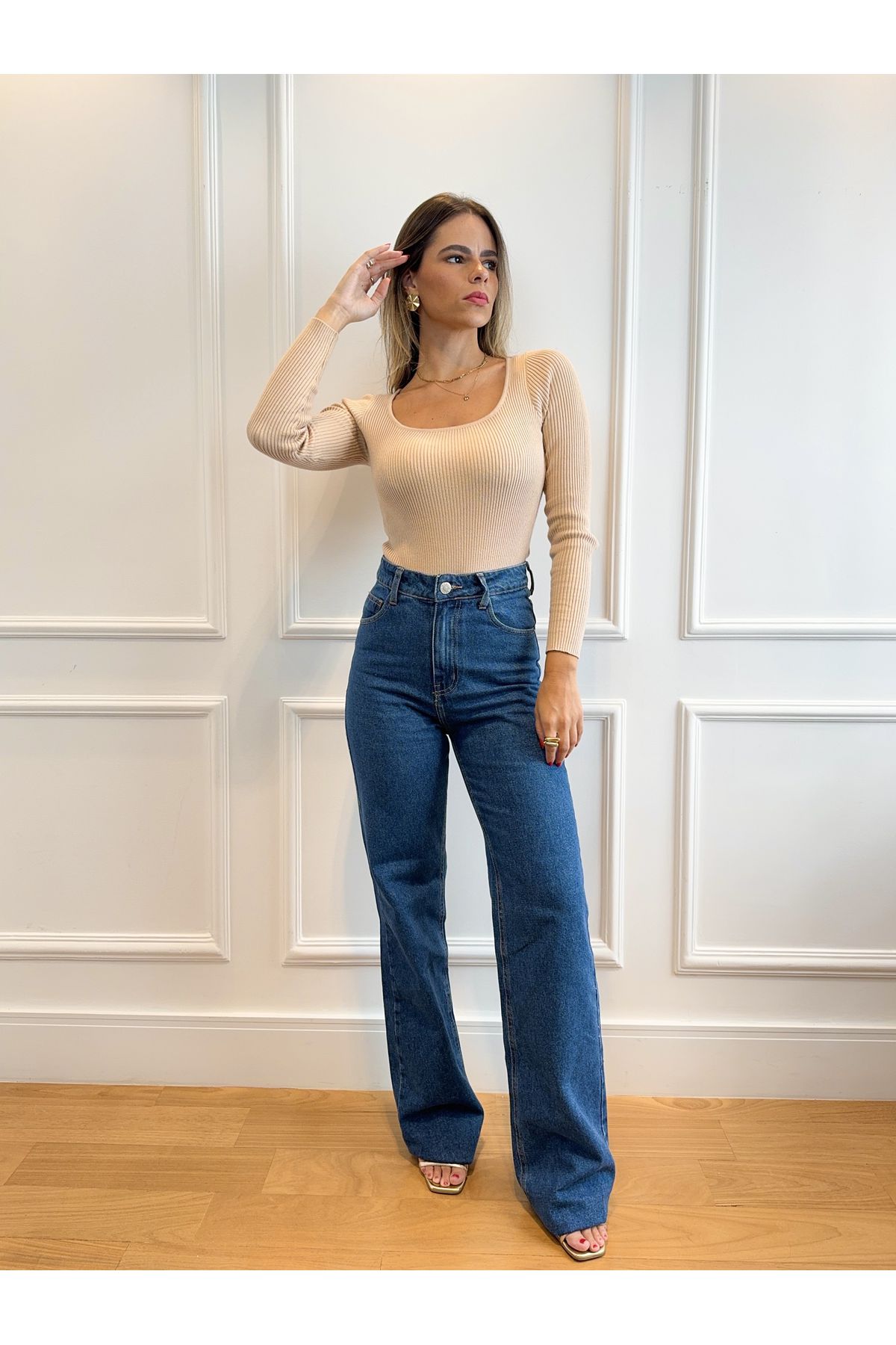 Calça Vih Wide Leg Cintura super alta - Jeans escuro