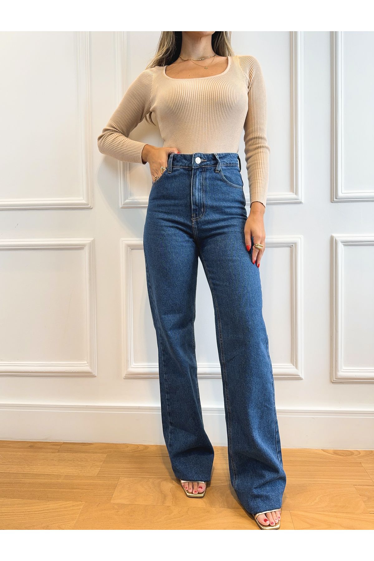 Calça Vih Wide Leg Cintura super alta - Jeans escuro