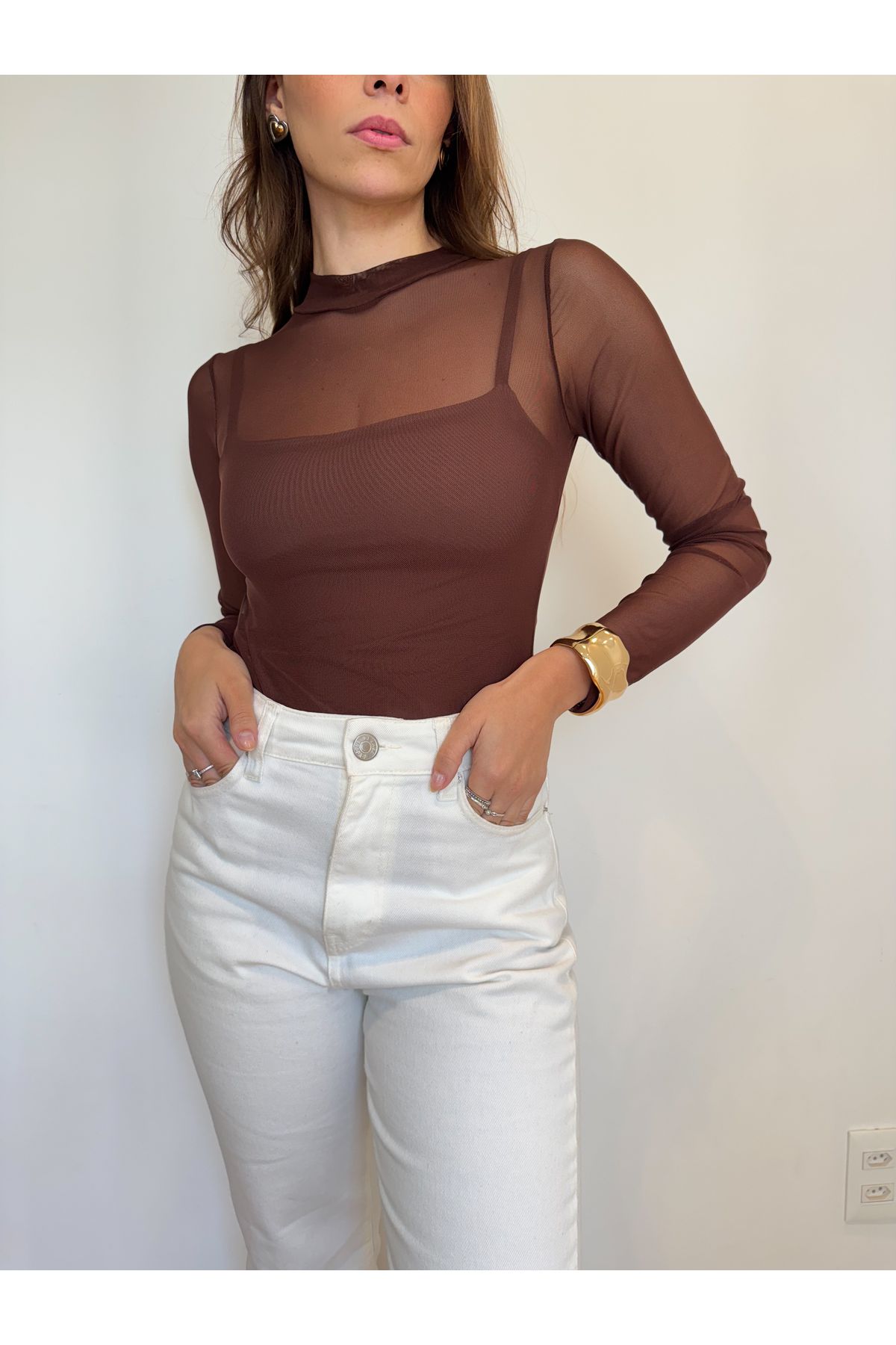 Body Raica tule gola alta - Marrom
