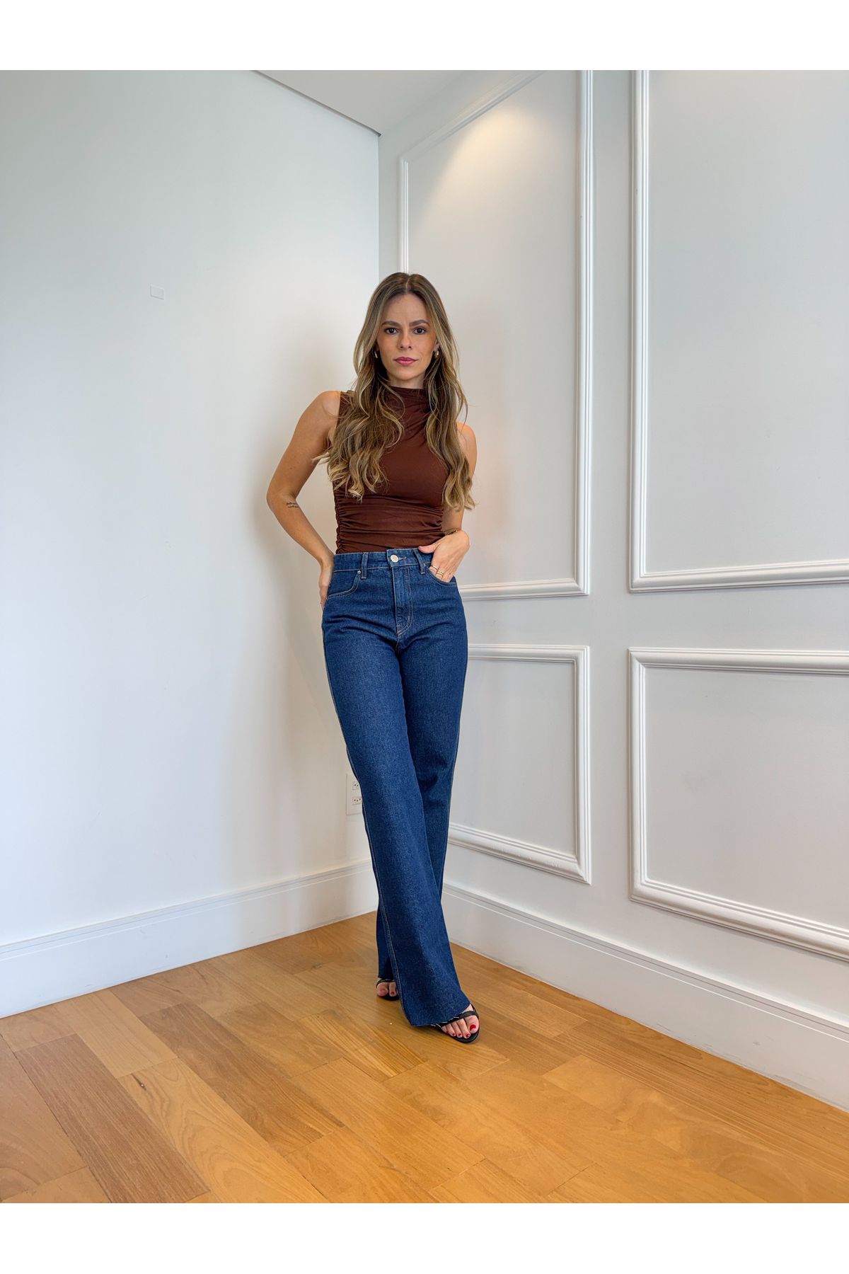 Calça Guta Wide Leg Cintura media - Jeans escuro