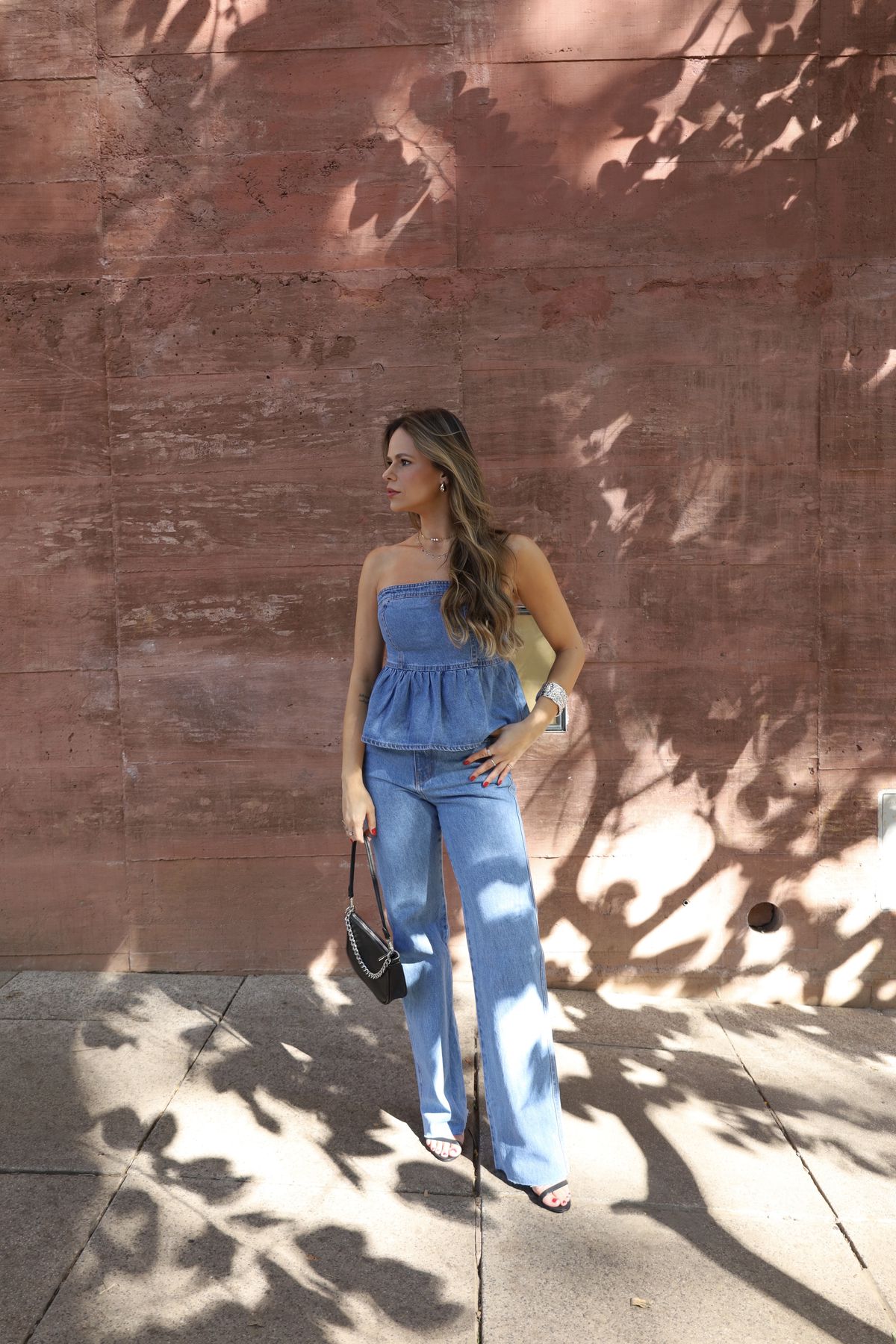 Top Peplum Mariane jeans sem alças - lavagem media