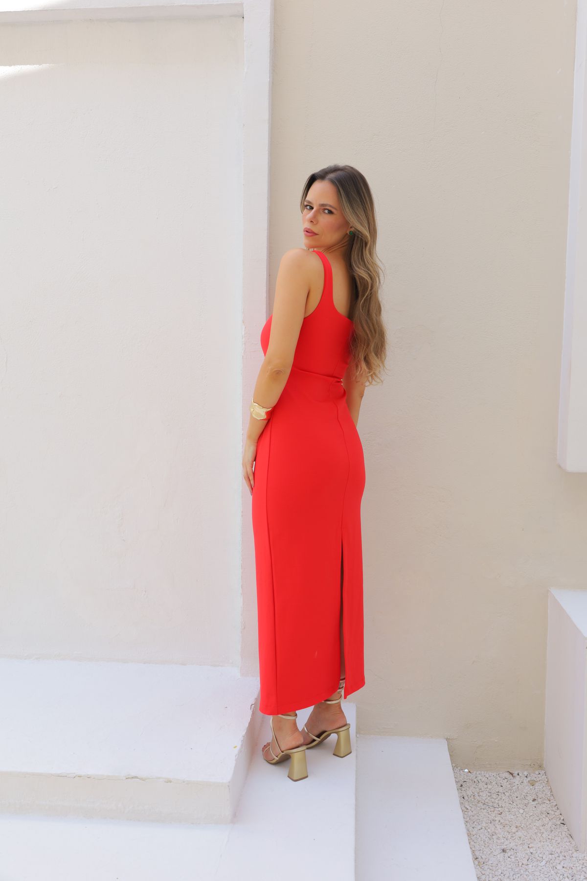 Vestido Angelina midi drapeado - Vermelho