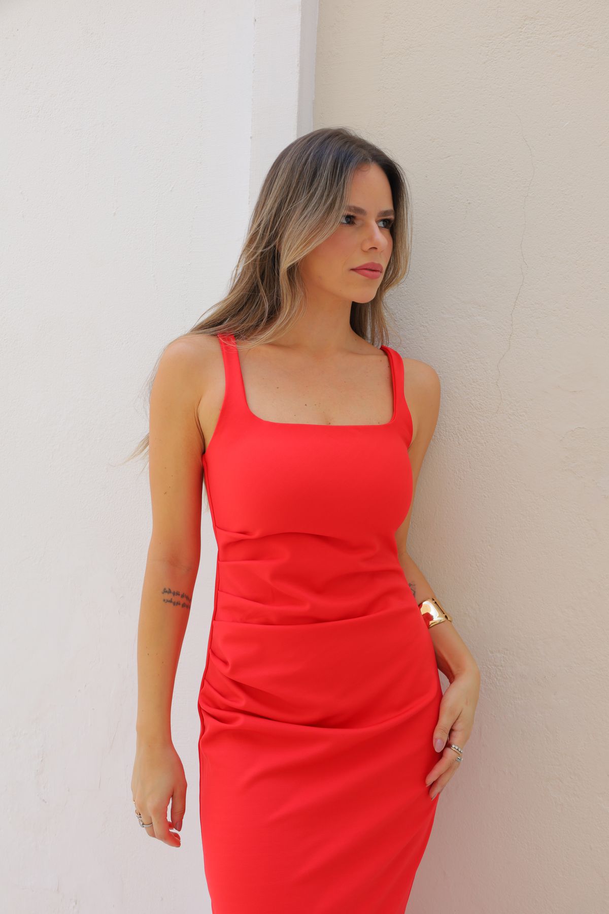 Vestido Angelina midi drapeado - Vermelho
