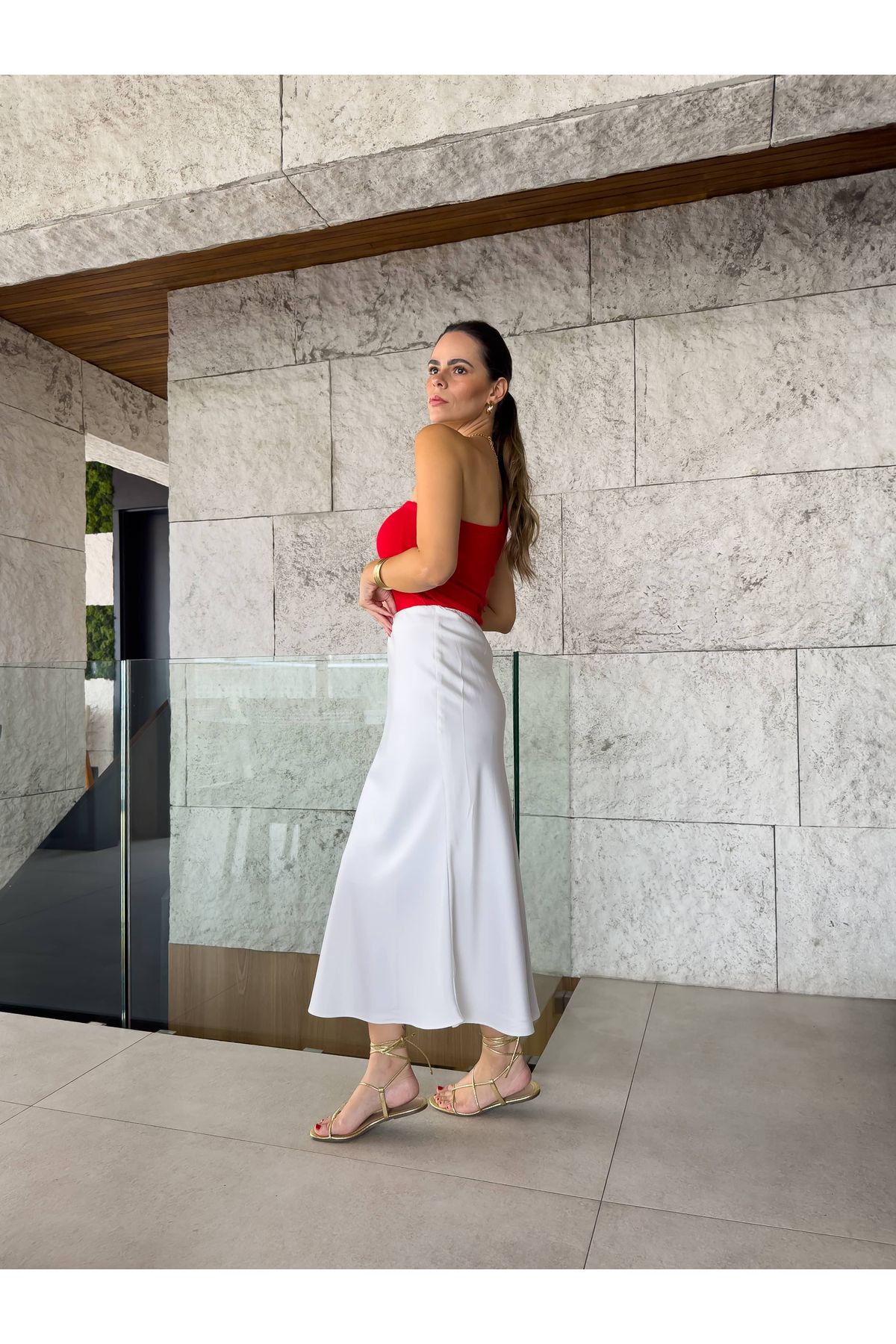 Saia Mayla acetinada midi - Branca