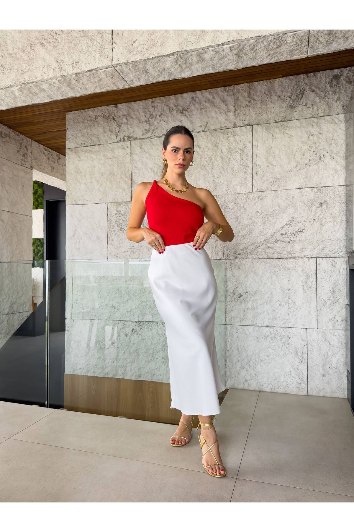 Saia Mayla acetinada midi - Branca