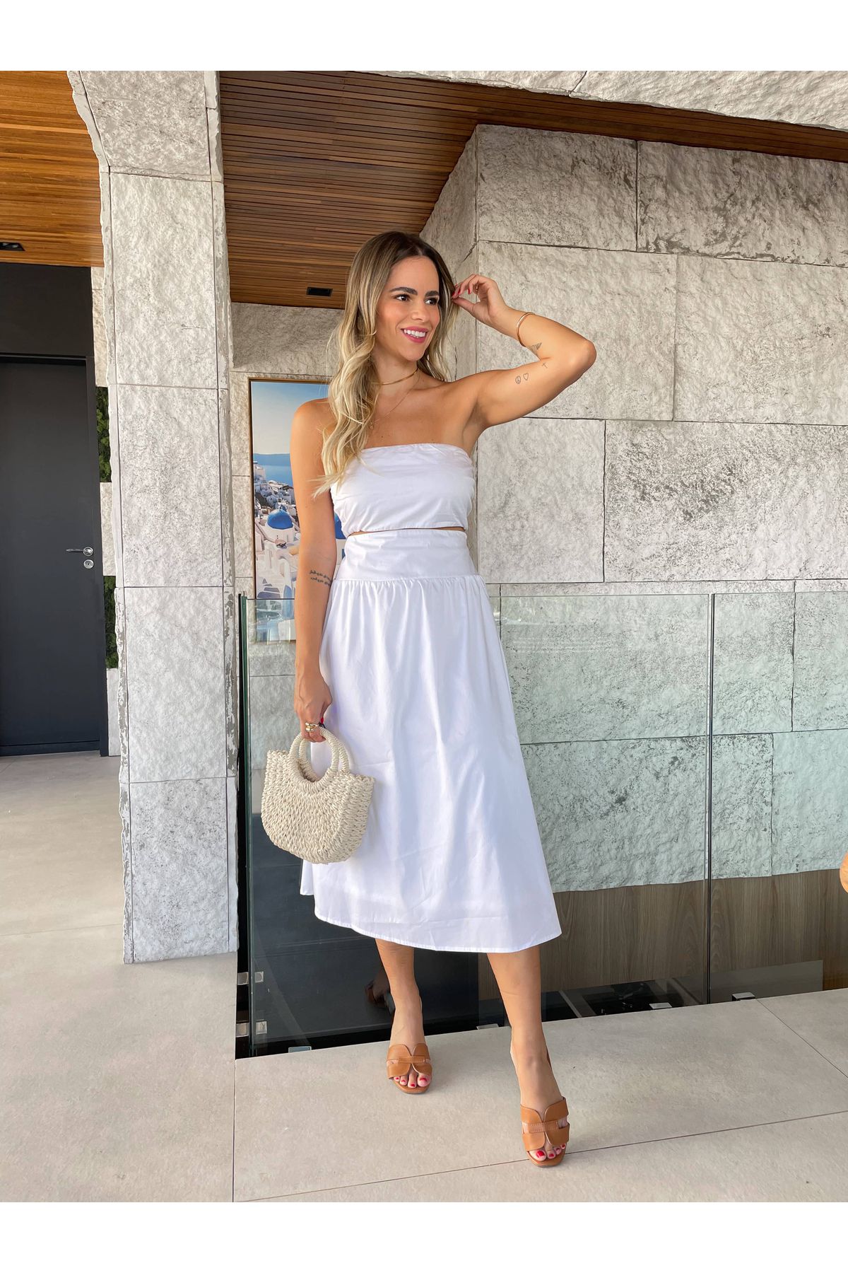 Vestido Eloise midi sem alças com recorte - Branco