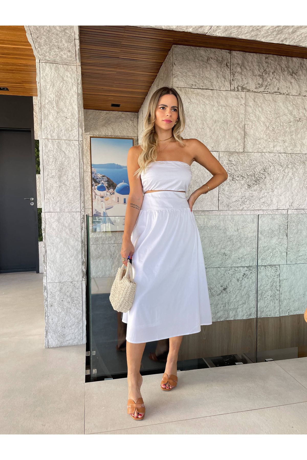Vestido Eloise midi sem alças com recorte - Branco