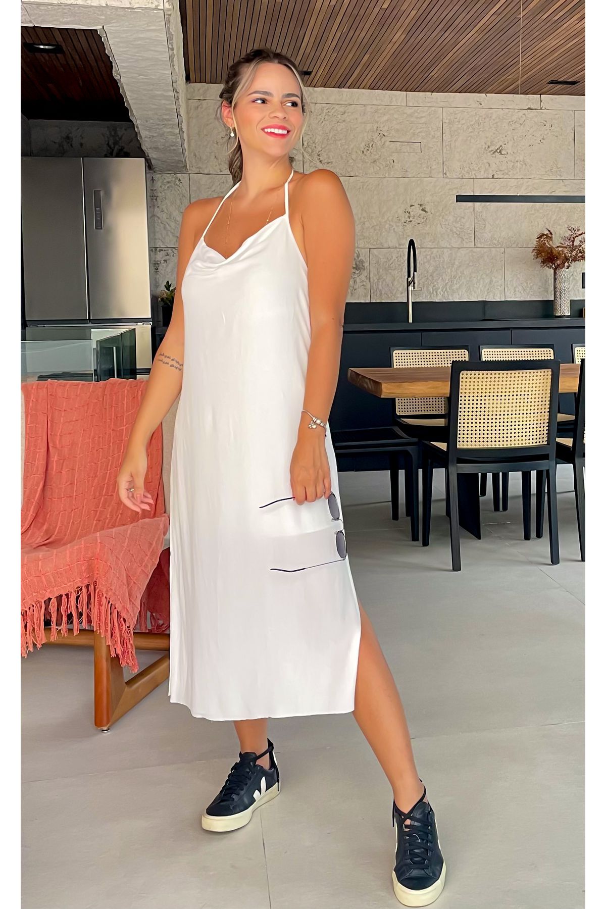 Vestido Malibu Midi Decote Degage Frente única Branco