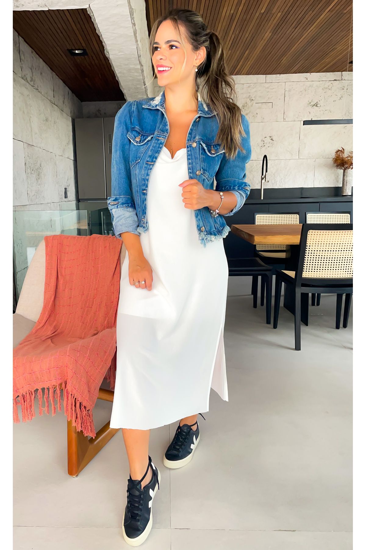 Vestido Malibu Midi Decote Degage Frente única Branco