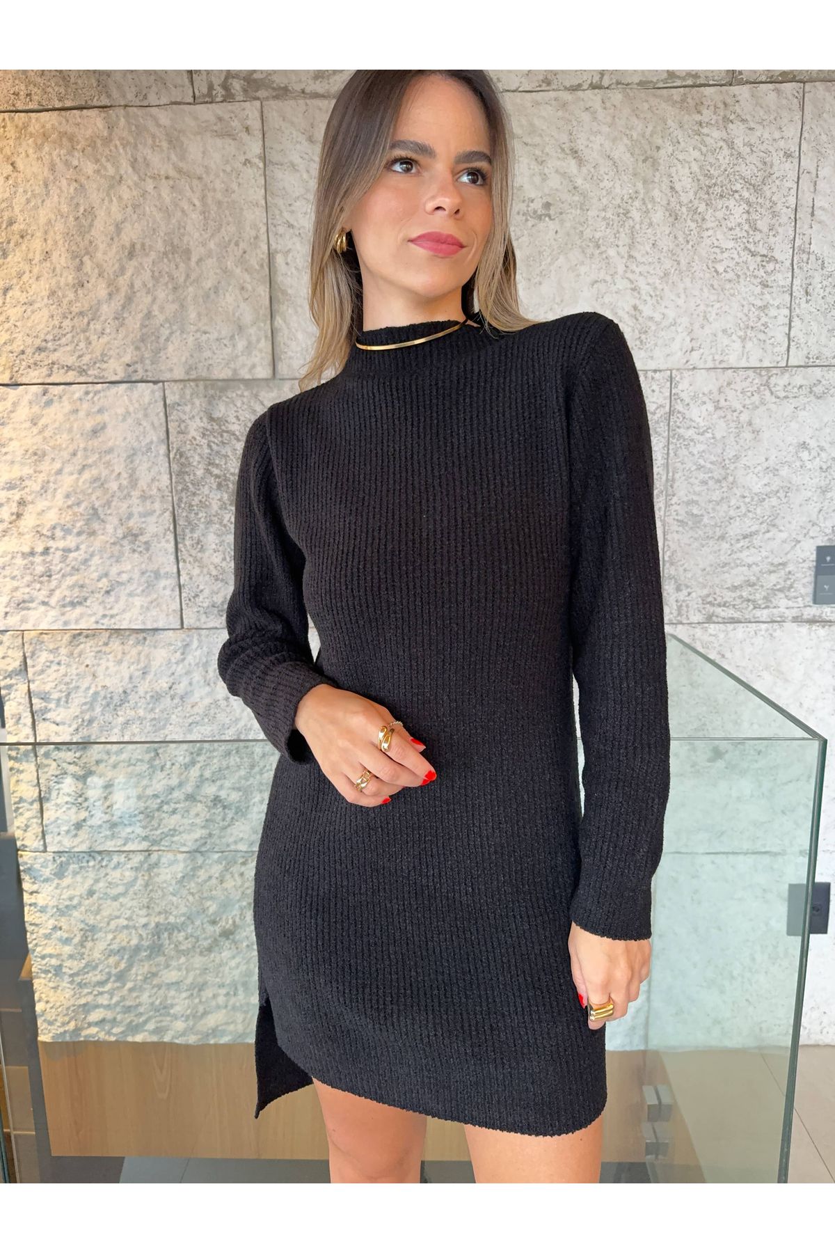Vestido Yasmin De Tricot Manga Comprida - Preto