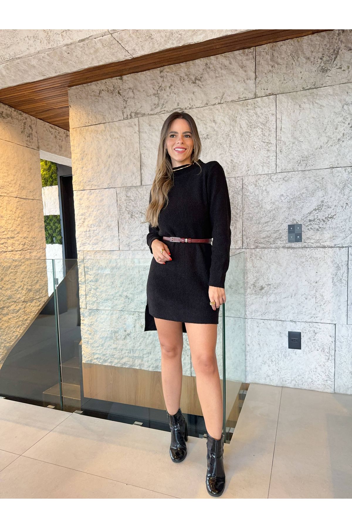 Vestido Yasmin De Tricot Manga Comprida - Preto